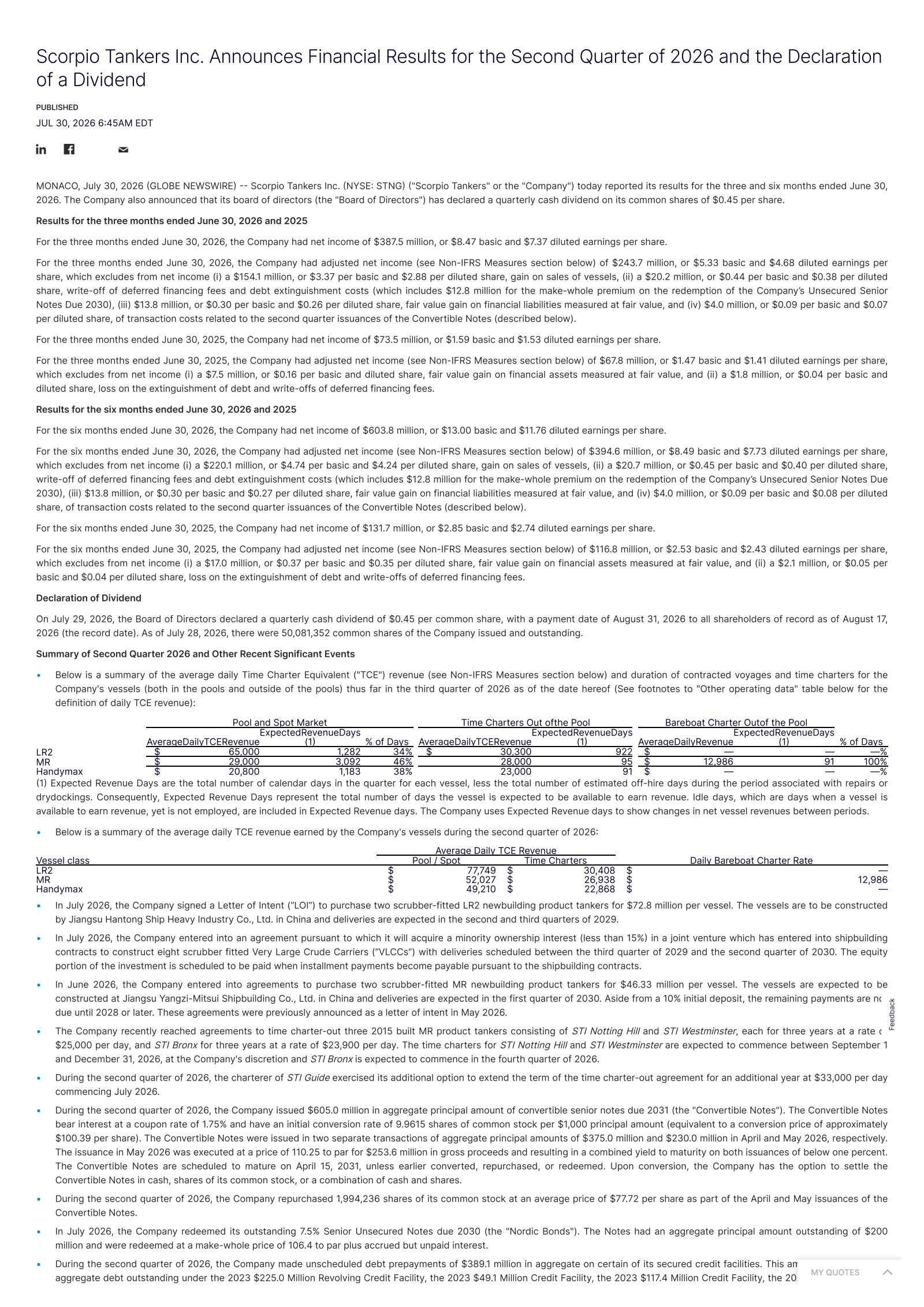 Scorpio Tankers' Q2 2026 Press Release