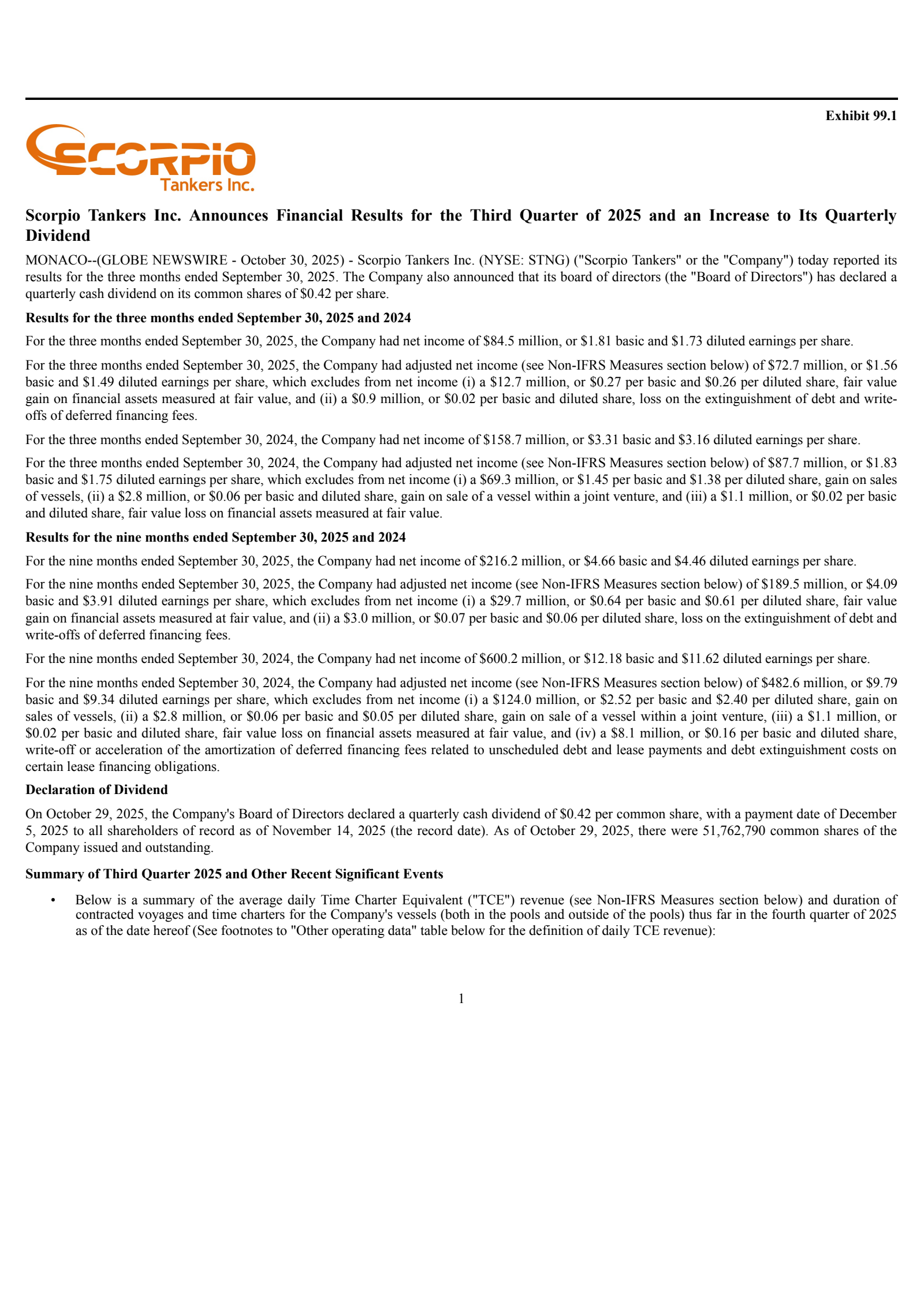 Scorpio Tankers' Q3 2025 Earnings Release