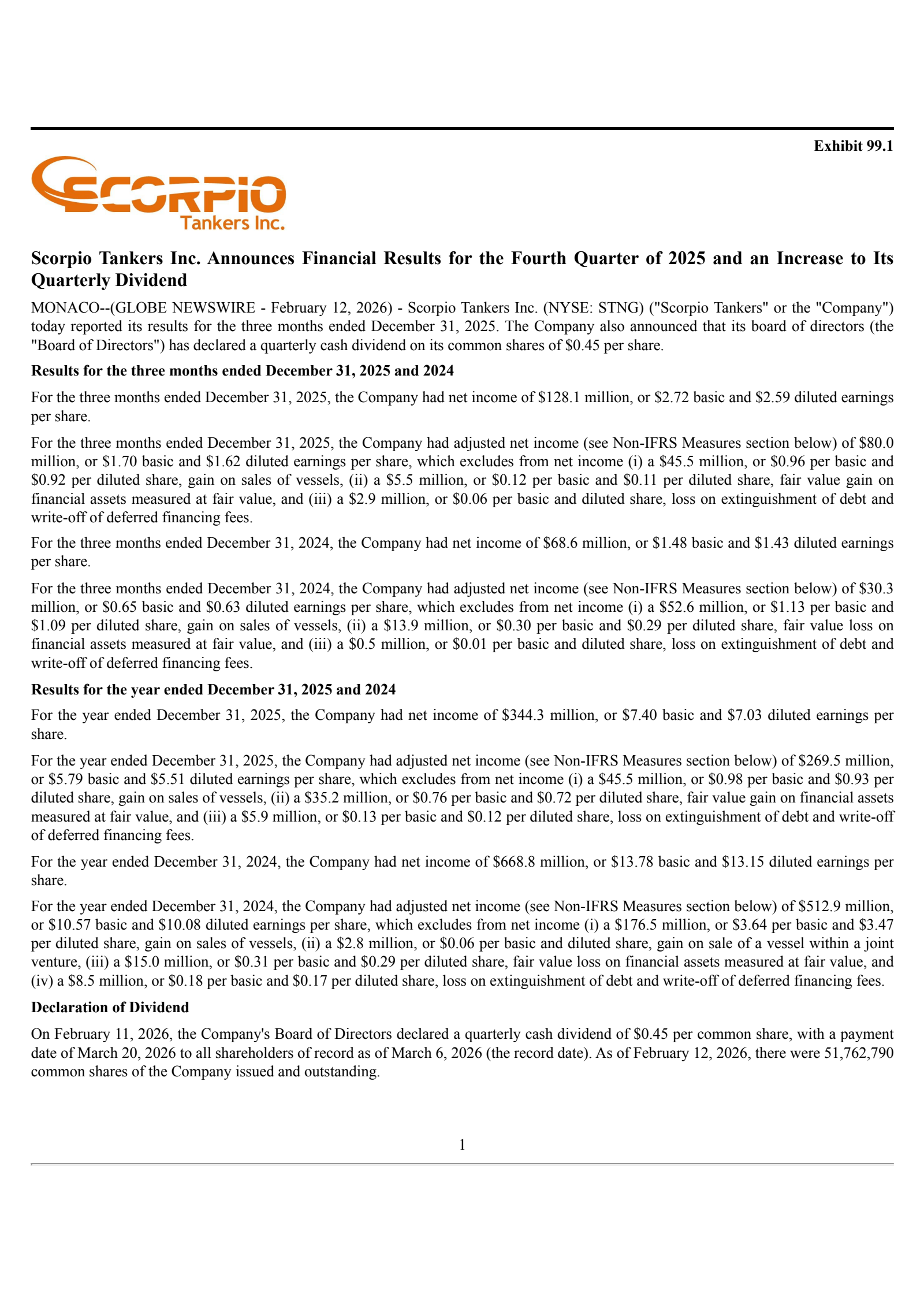 Scorpio Tankers' Q4 2025 Press Release