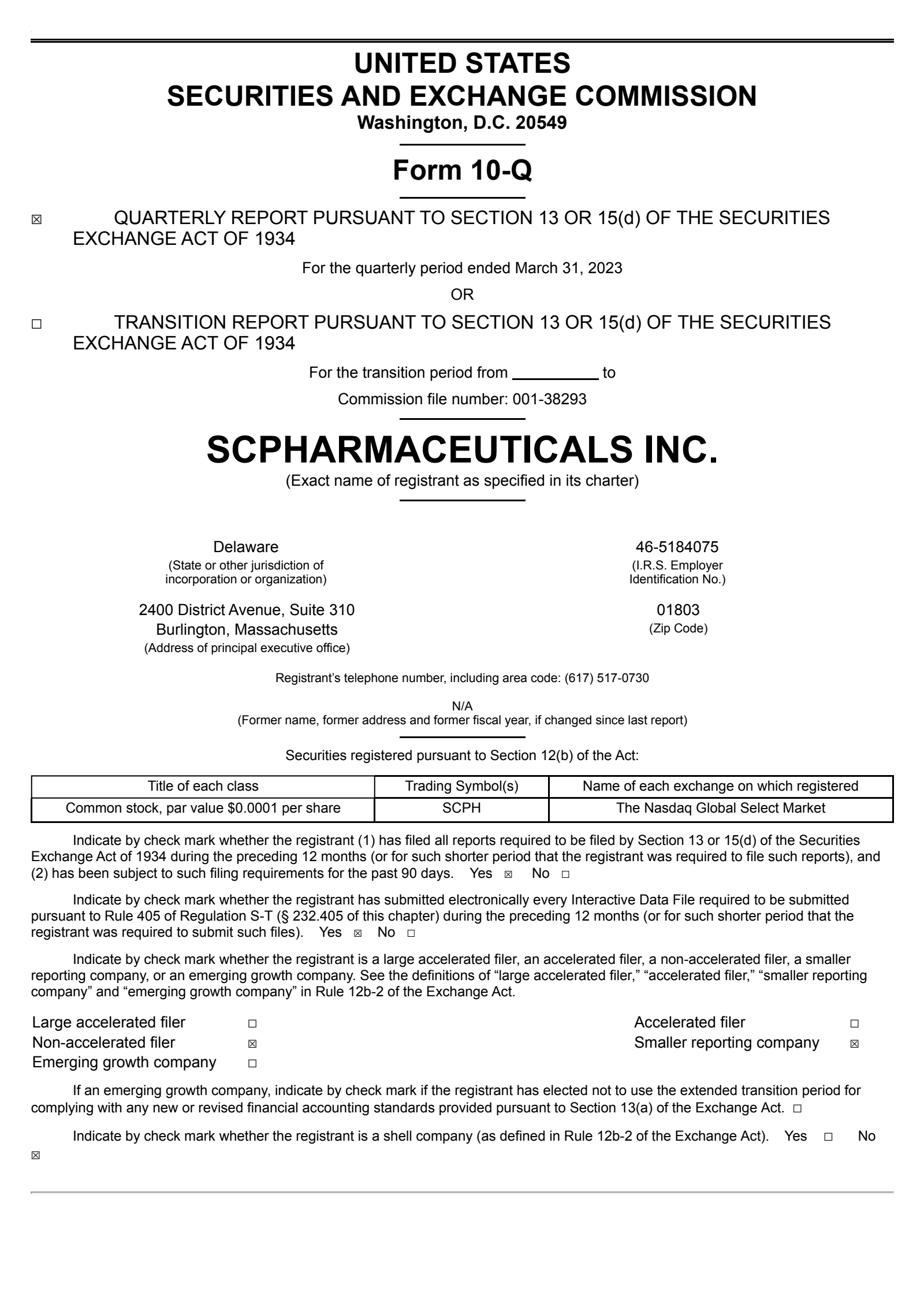 scPharmaceuticals' Q1 2023 Quarterly report