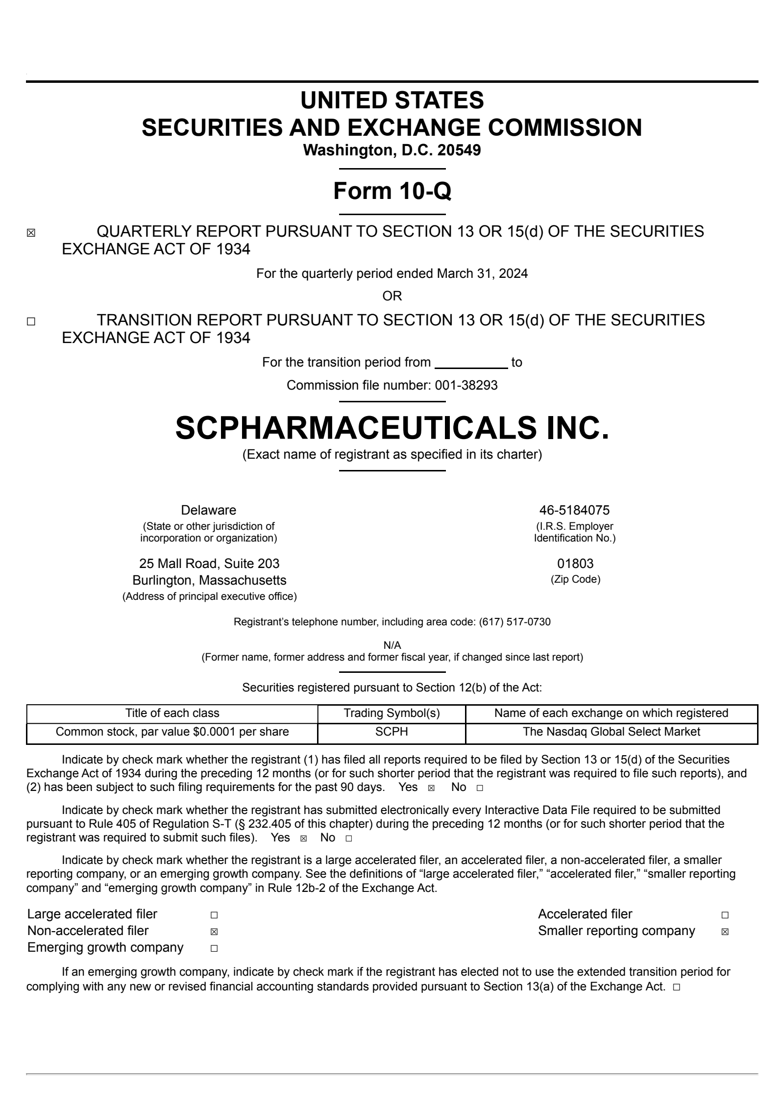 scPharmaceuticals' Q1 2024 Quarterly report