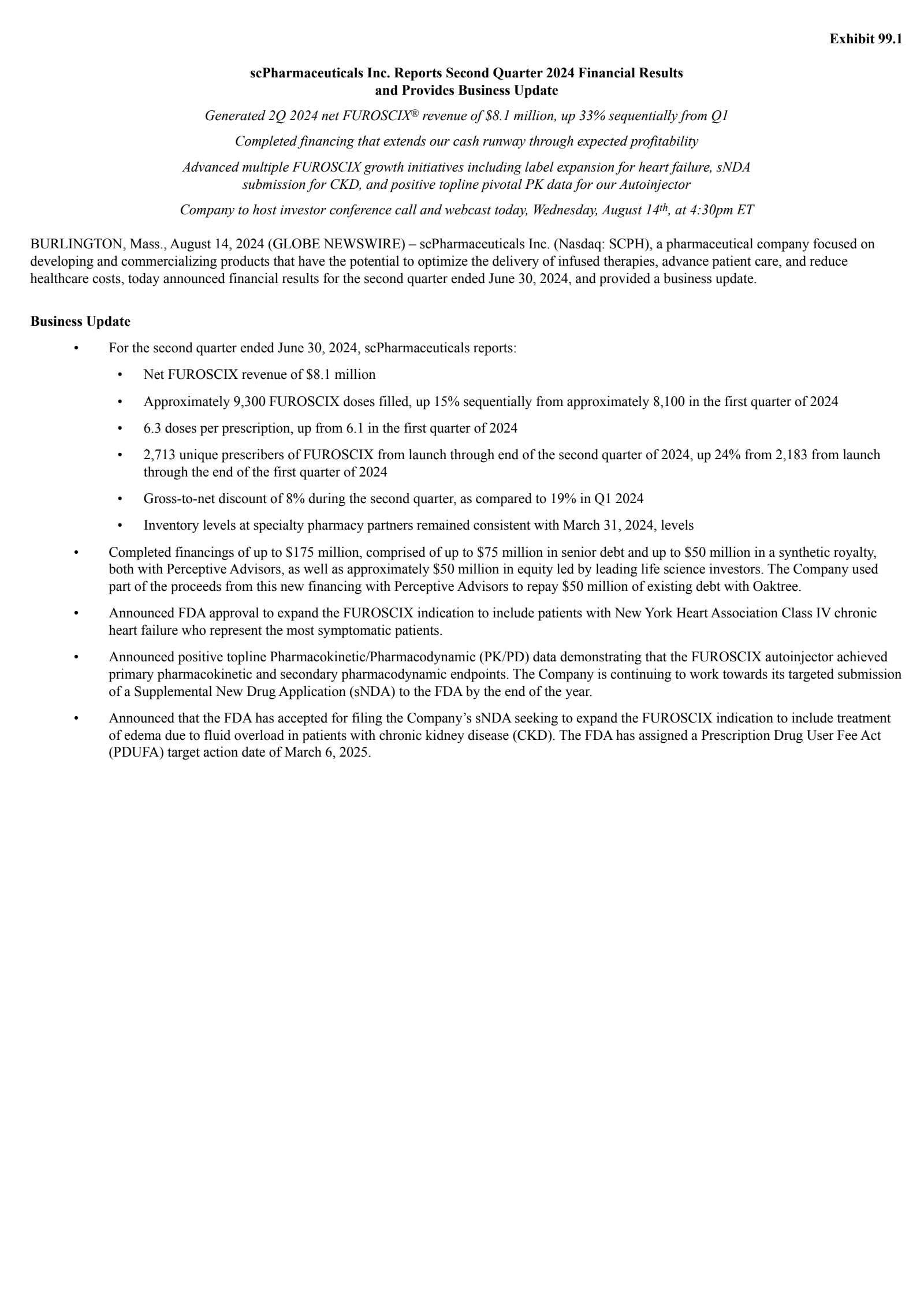 scPharmaceuticals' Q2 2024 Press Release