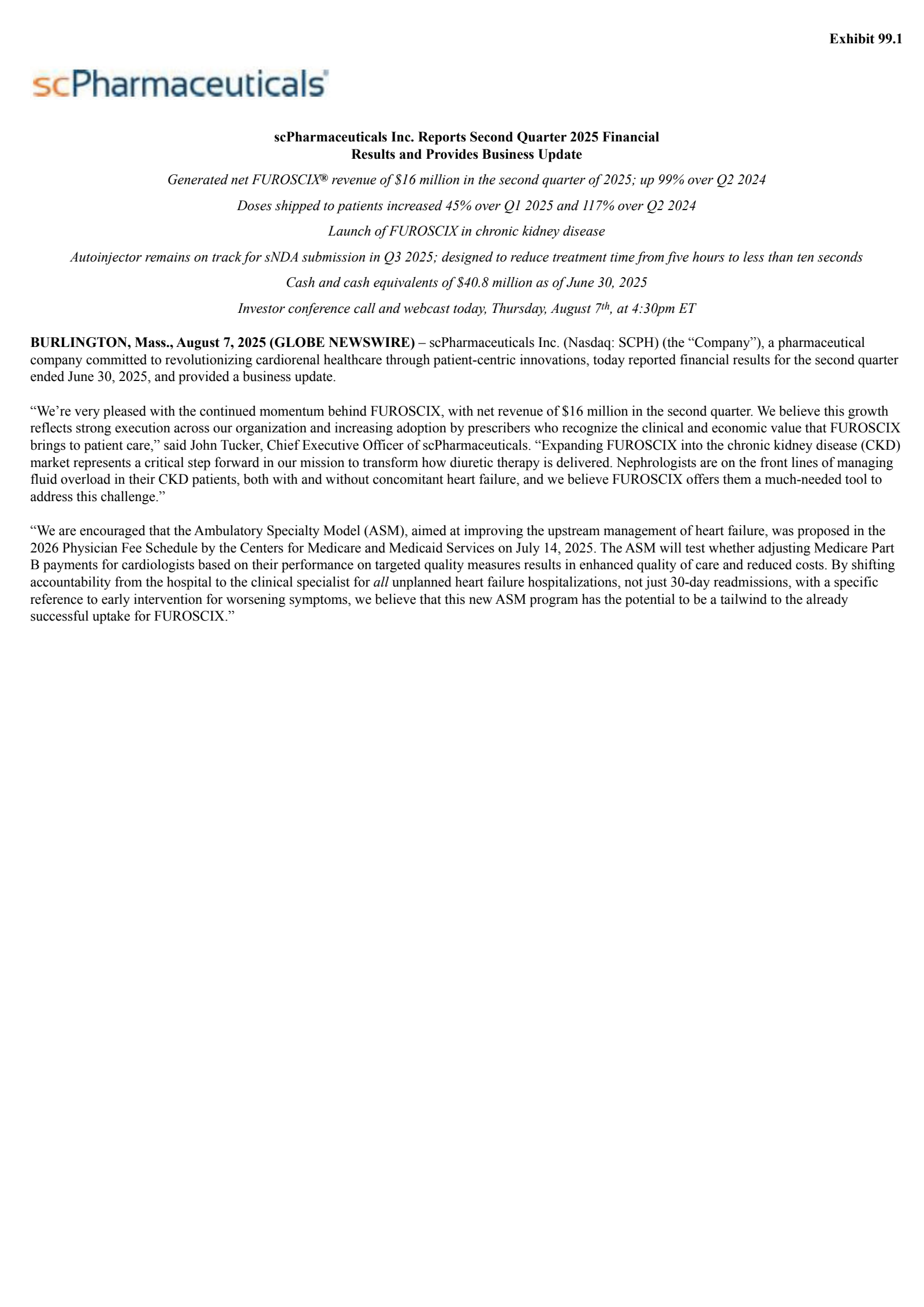 scPharmaceuticals' Q2 2025 Press Release