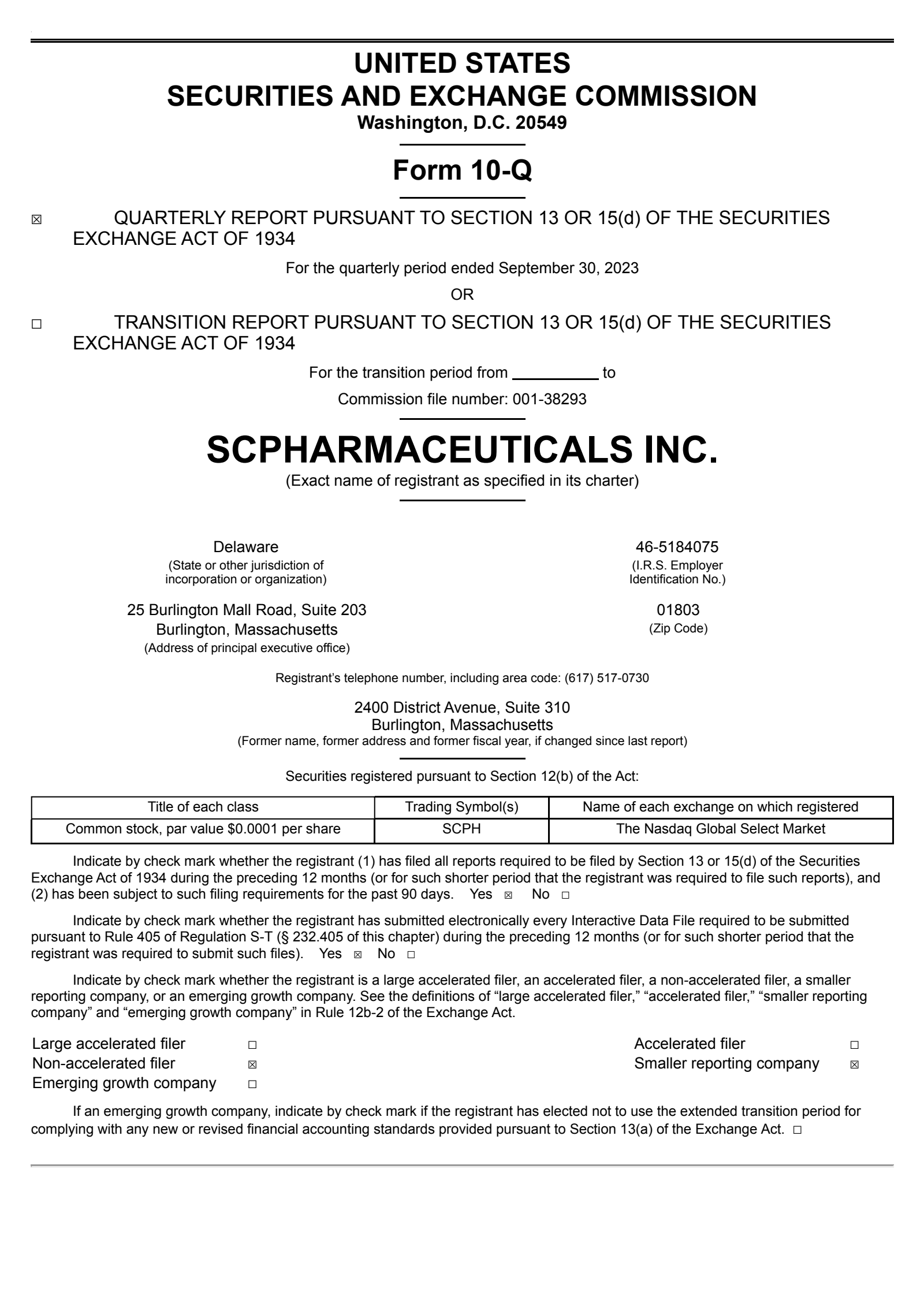 scPharmaceuticals' Q3 2023 Quarterly report