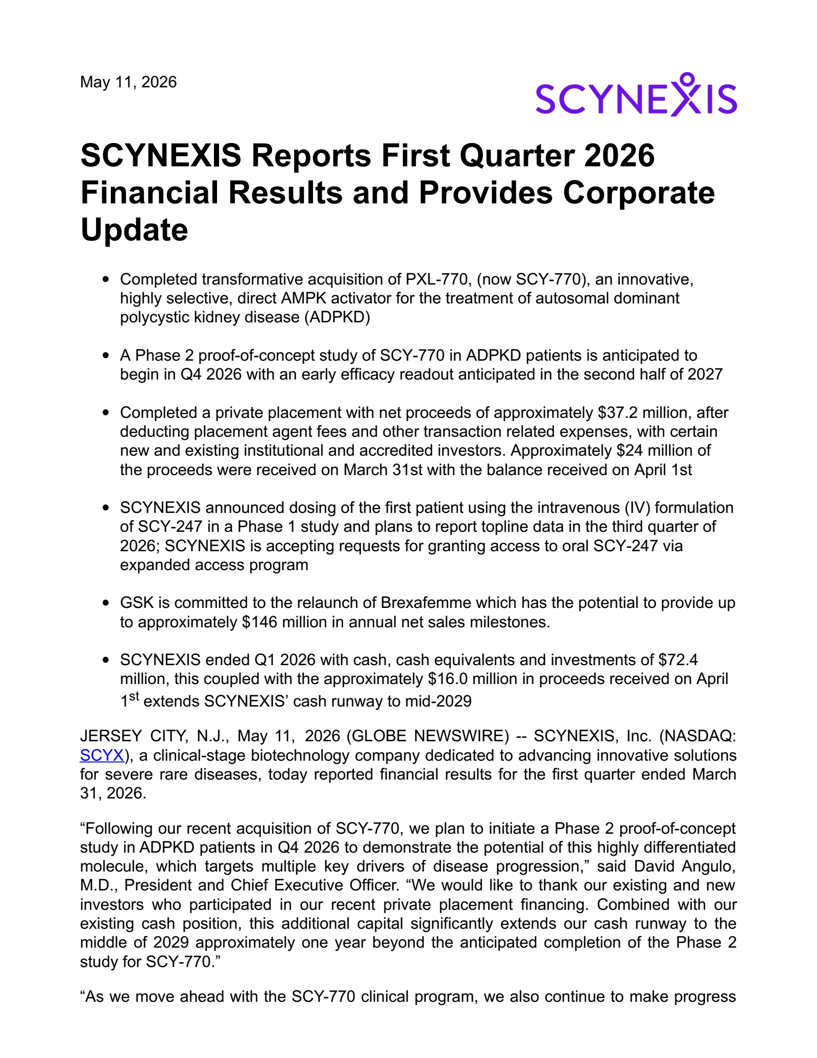 SCYNEXIS's Q1 2026 Press Release