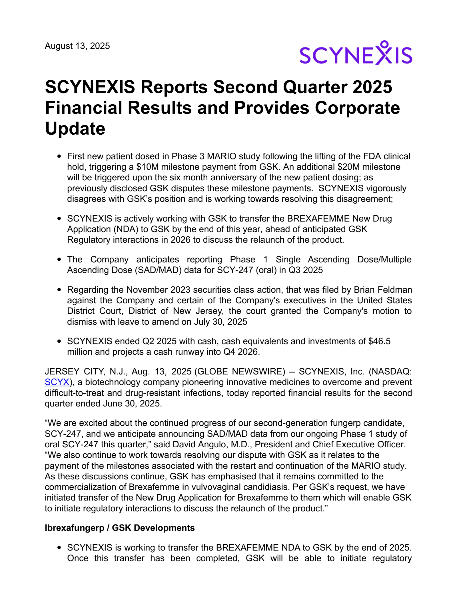 SCYNEXIS's Q2 2025 Press Release
