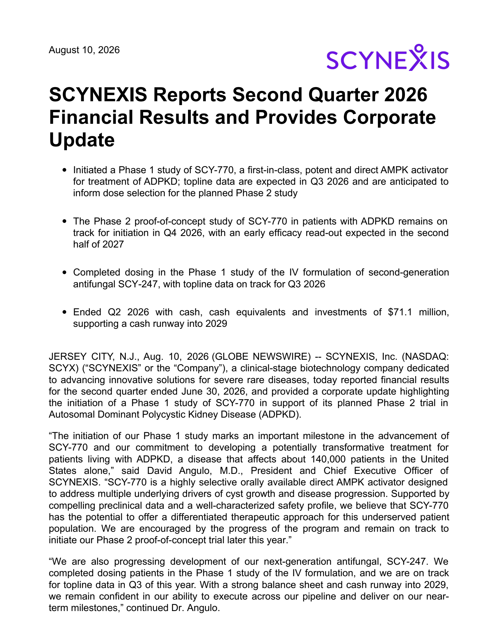 SCYNEXIS's Q2 2026 Press Release