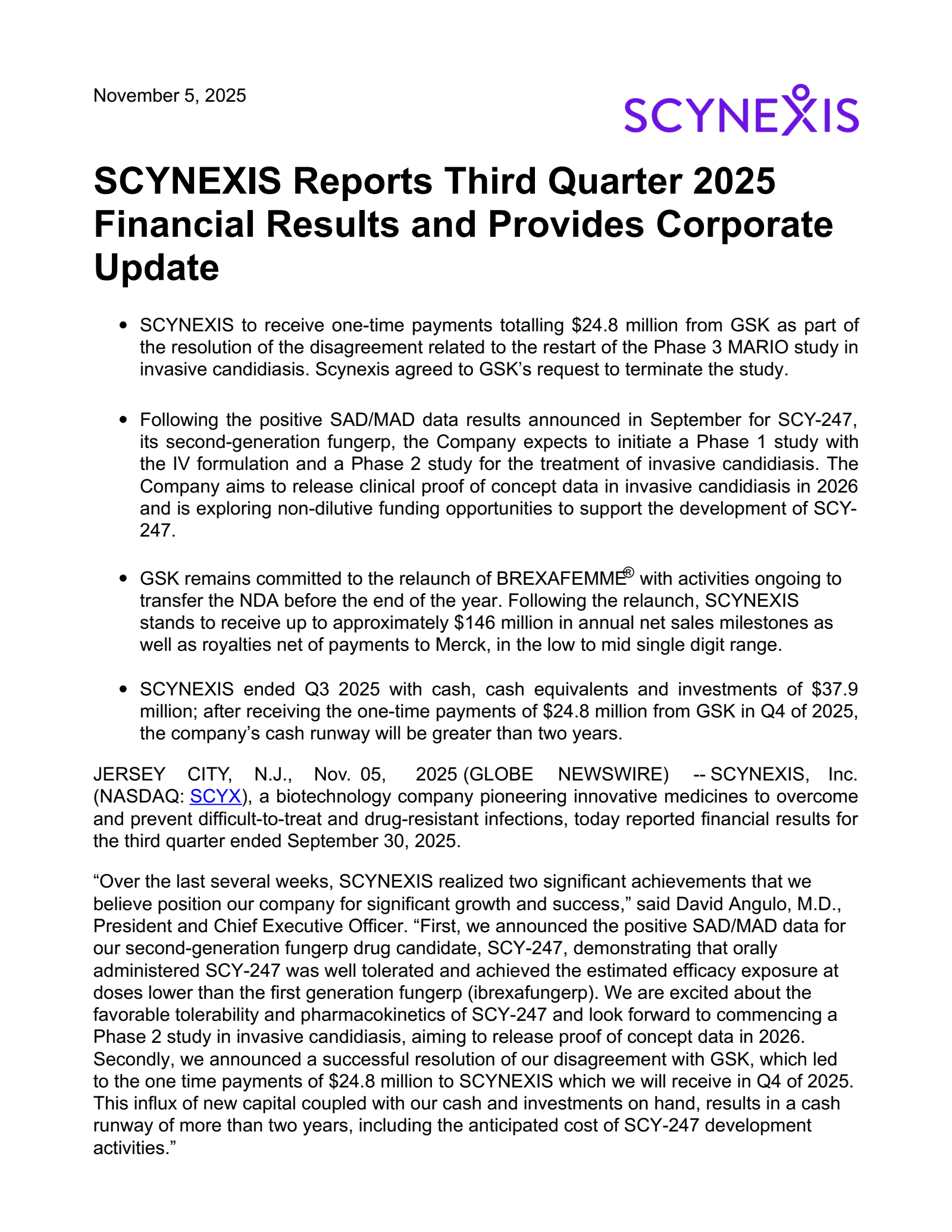 SCYNEXIS's Q3 2025 Earnings Release