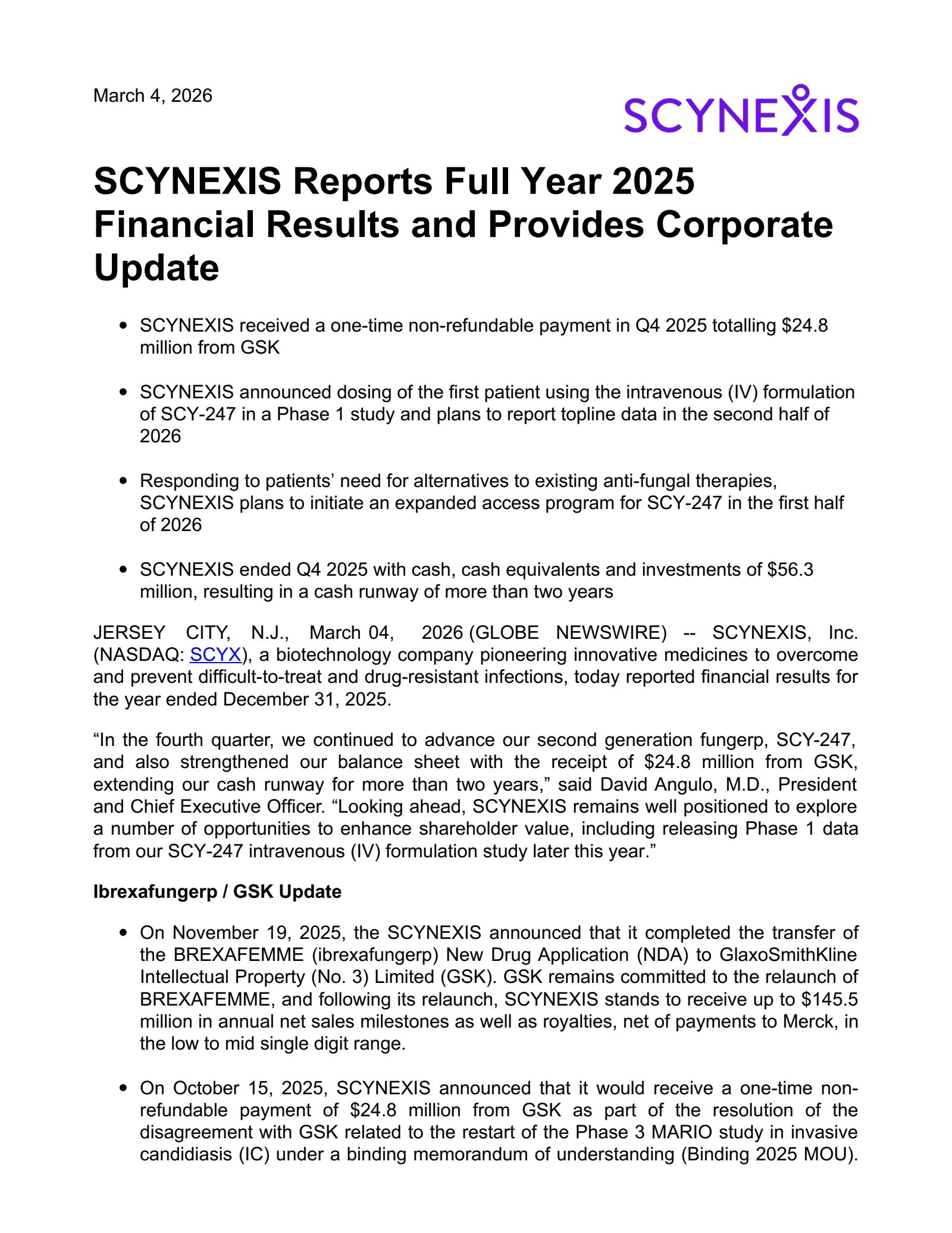 SCYNEXIS's Q4 2025 Press Release