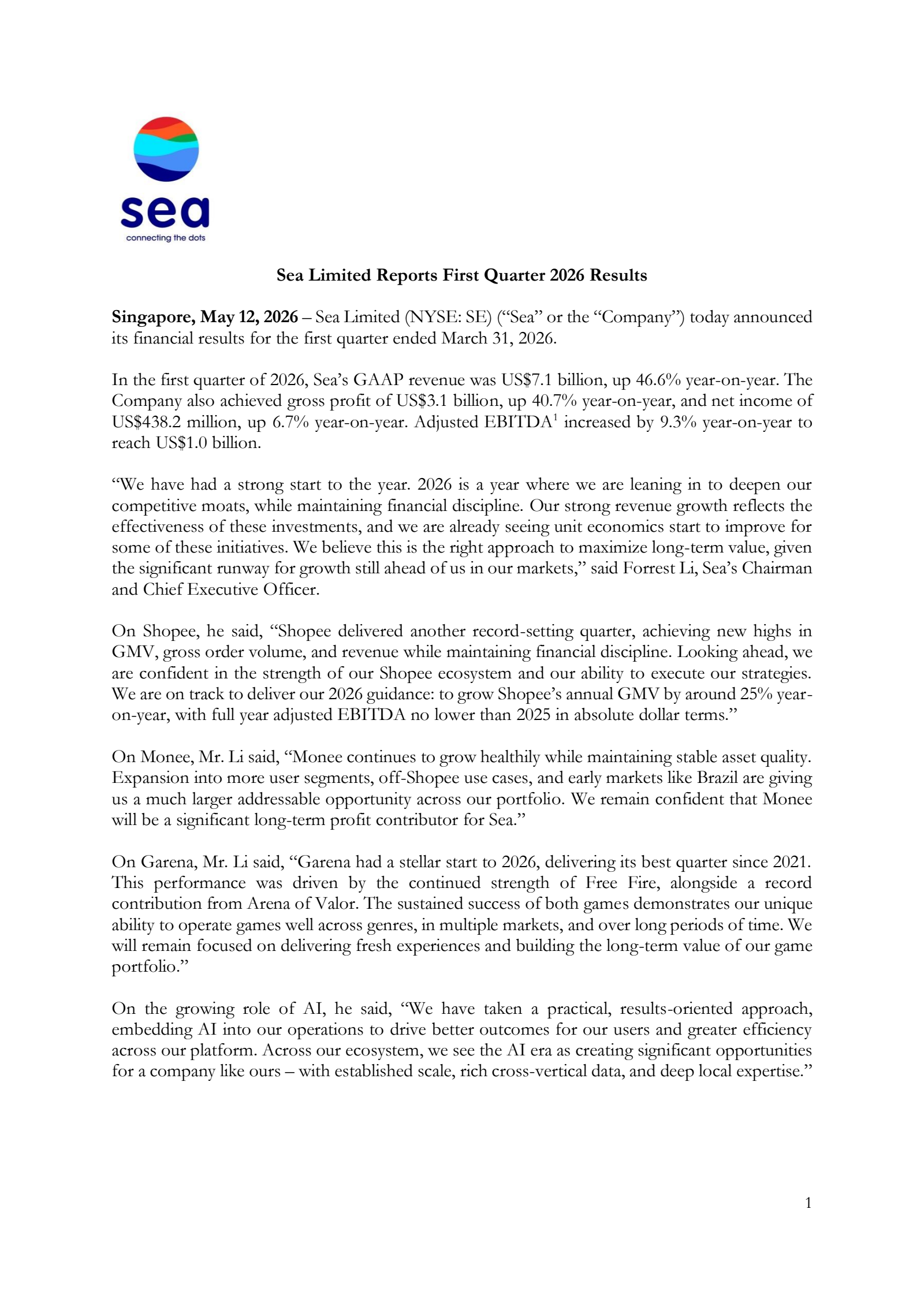 SEA's Q1 2026 Press Release
