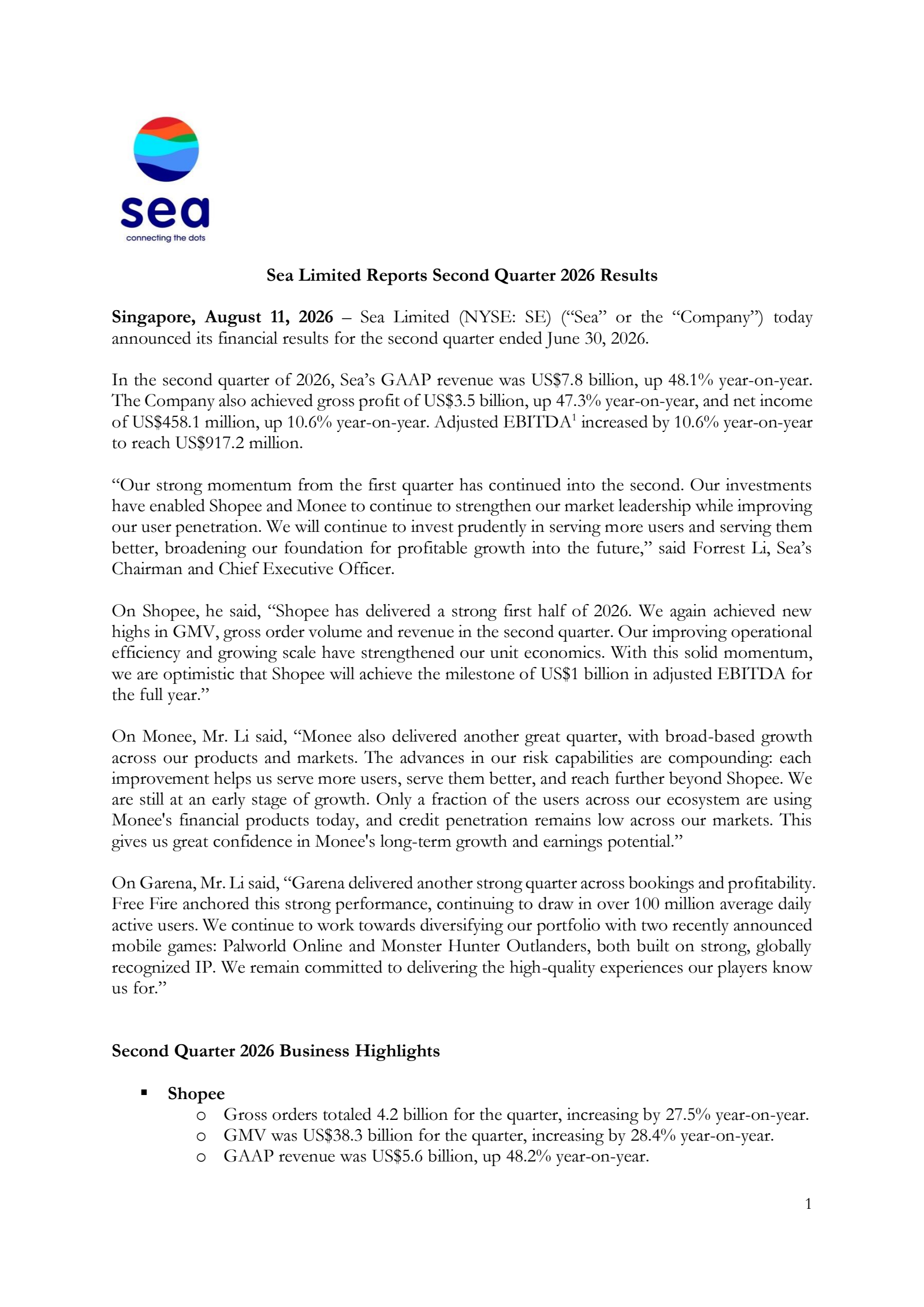 SEA's Q2 2026 Press Release