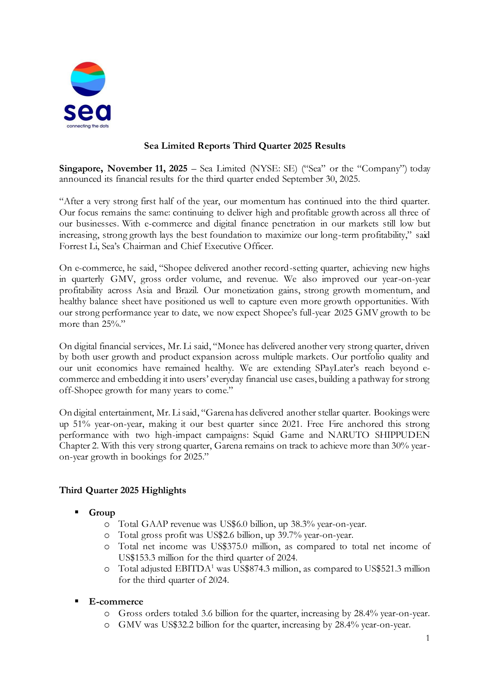 SEA's Q3 2025 Earnings Release