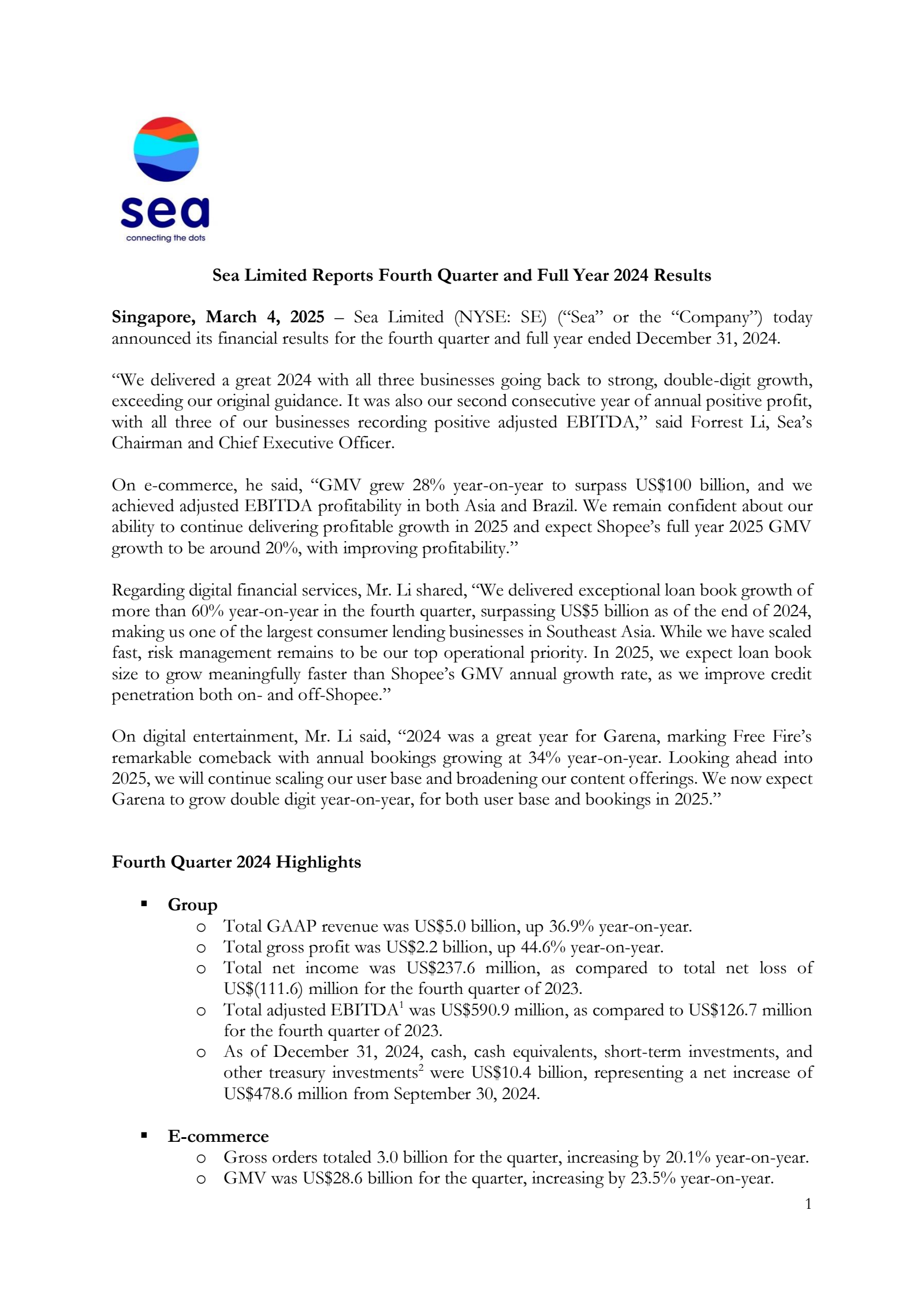SEA's Q4 2024 Press Release