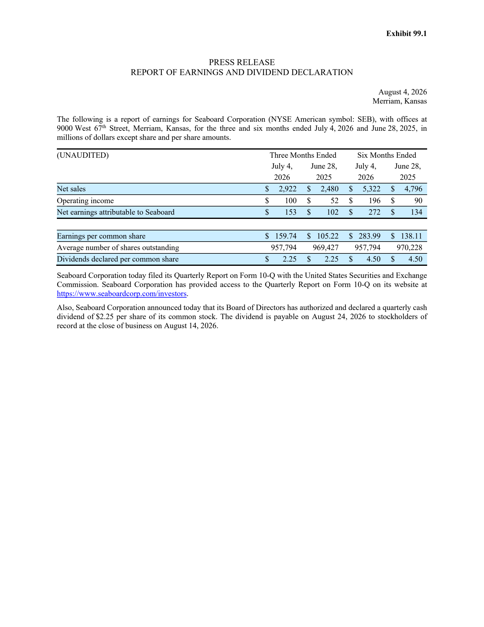 Seaboard's Q2 2026 Press Release