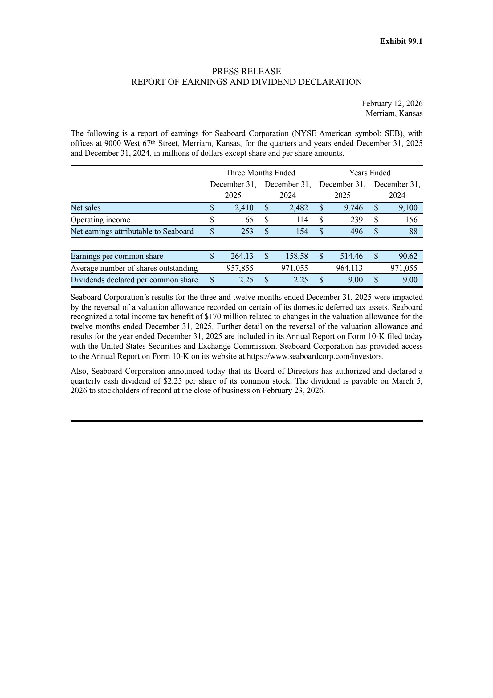Seaboard's Q4 2025 Press Release