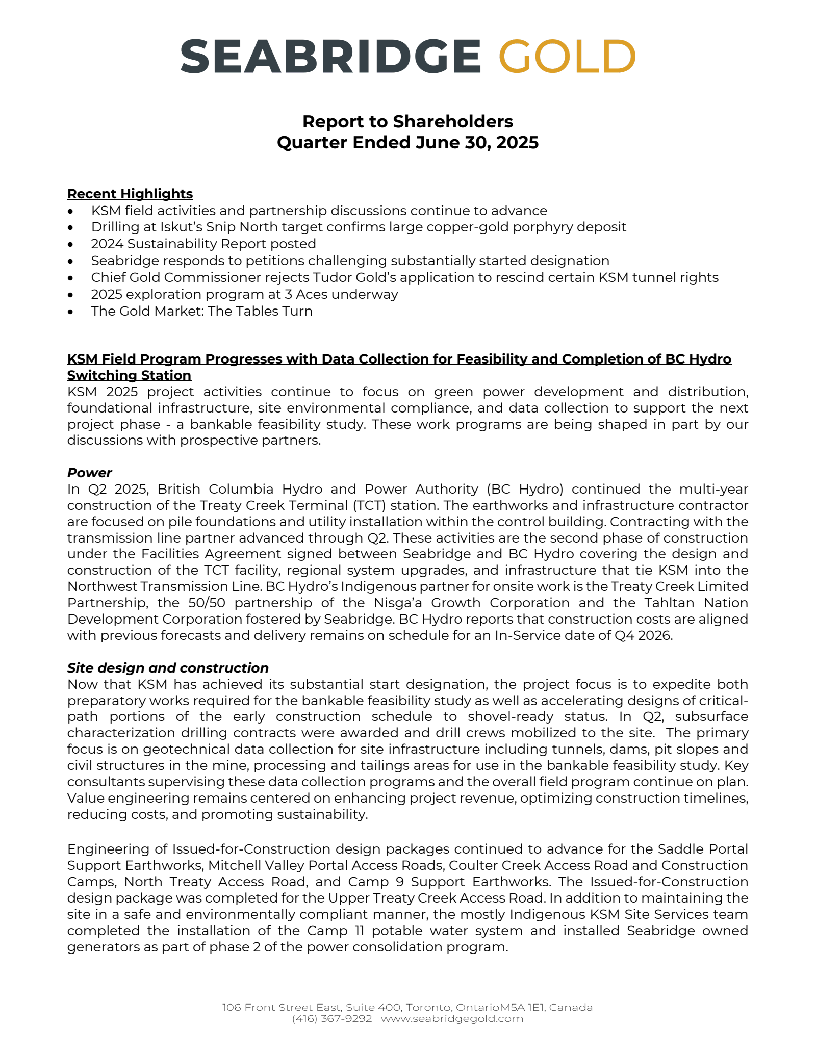 Seabridge Gold's Q2 2025 Press Release