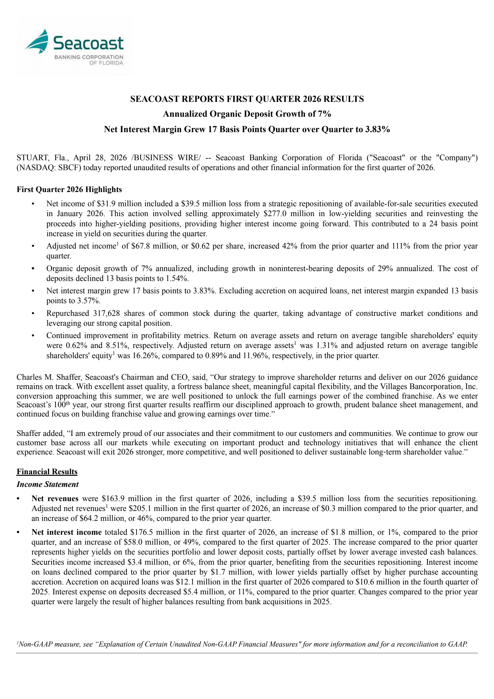 Seacoast Banking Corporation of Florida's Q1 2026 Press Release