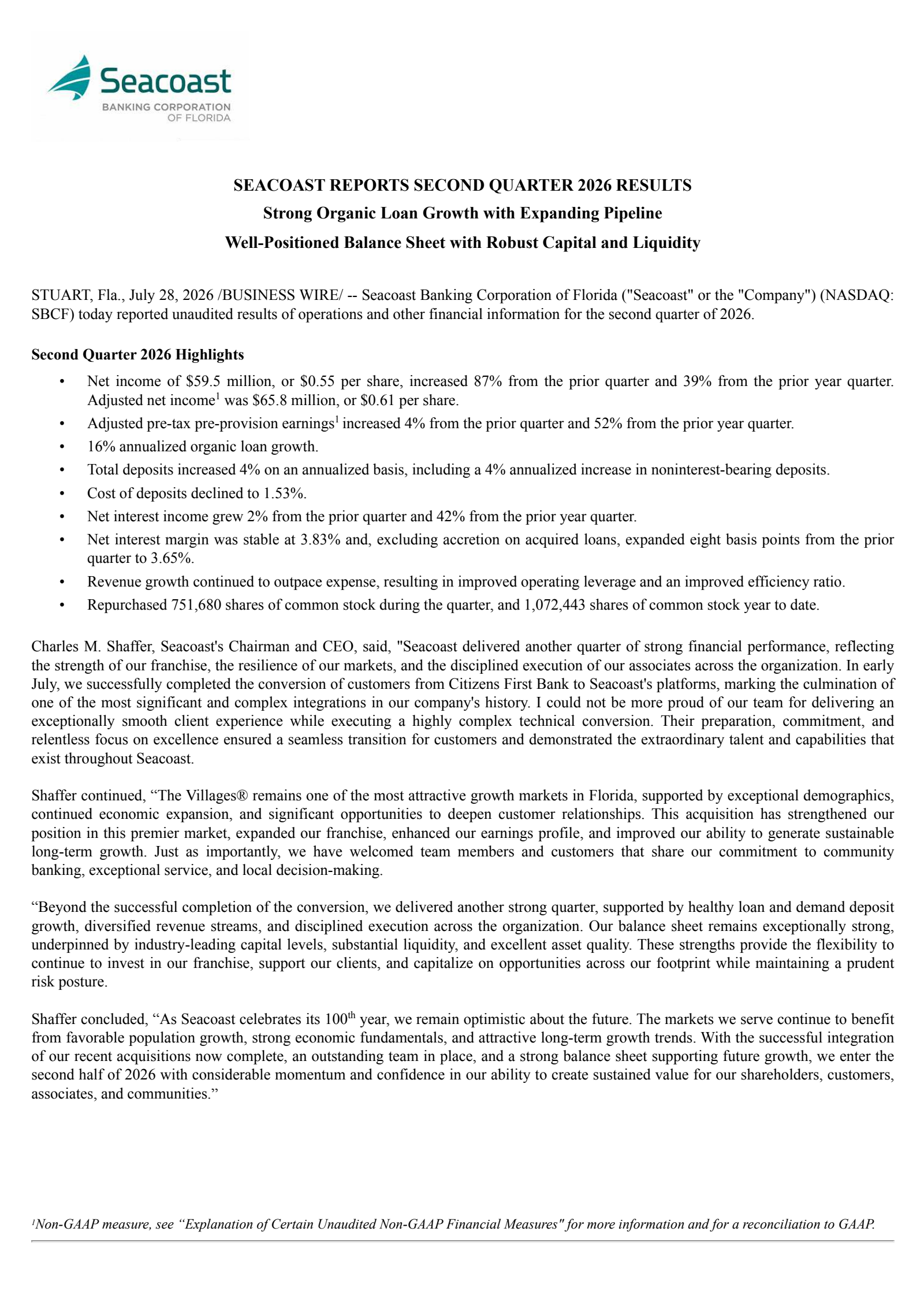 Seacoast Banking Corporation of Florida's Q2 2026 Press Release