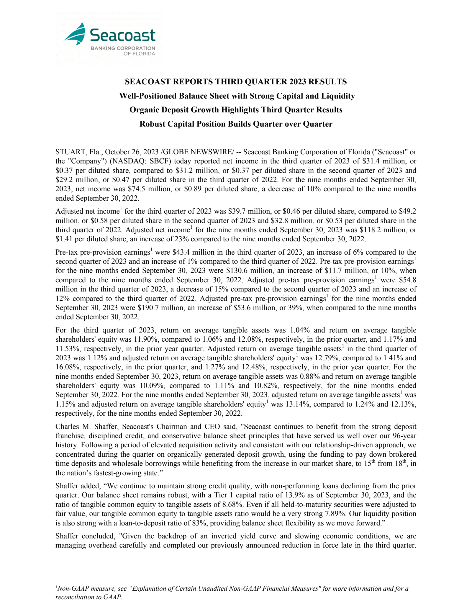 Seacoast Banking Co. of Florida's Q3 2023 Press Release