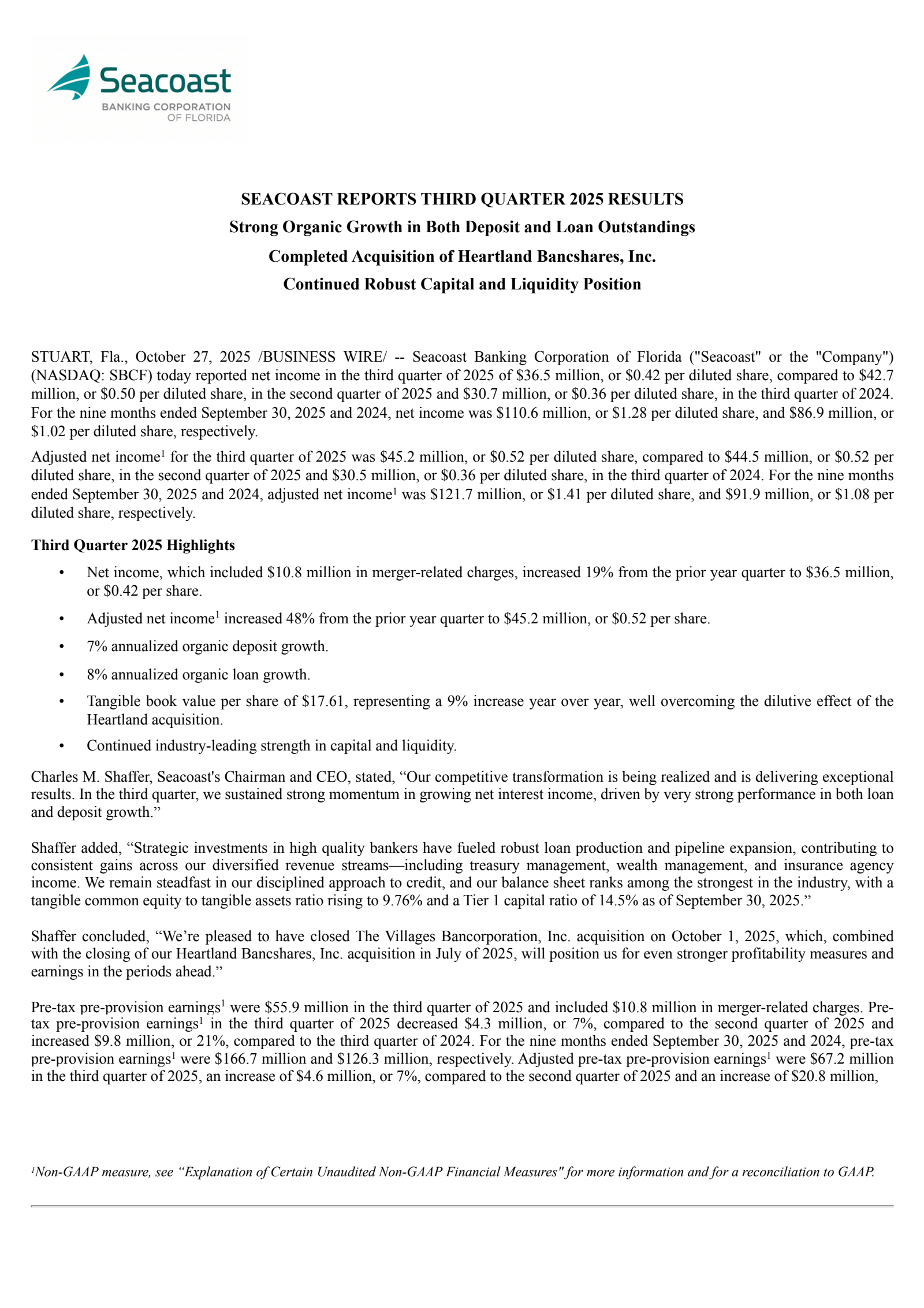 Seacoast Banking Corporation of Florida's Q3 2025 Earnings Release