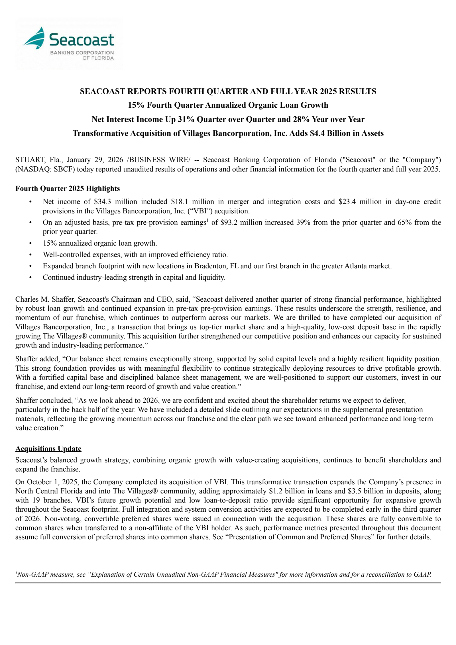 Seacoast Banking Corporation of Florida's Q4 2025 Press Release