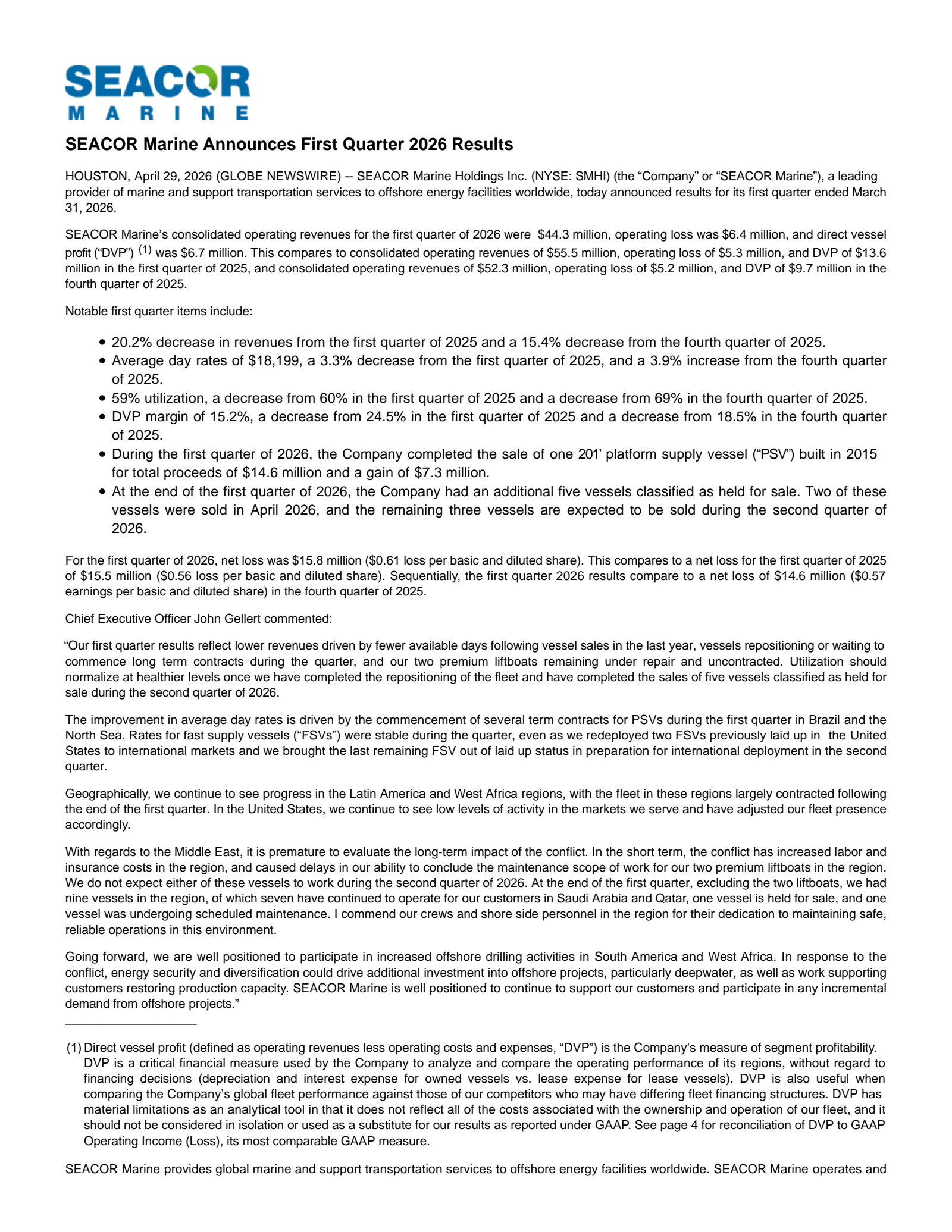 SEACOR Marine's Q1 2026 Press Release