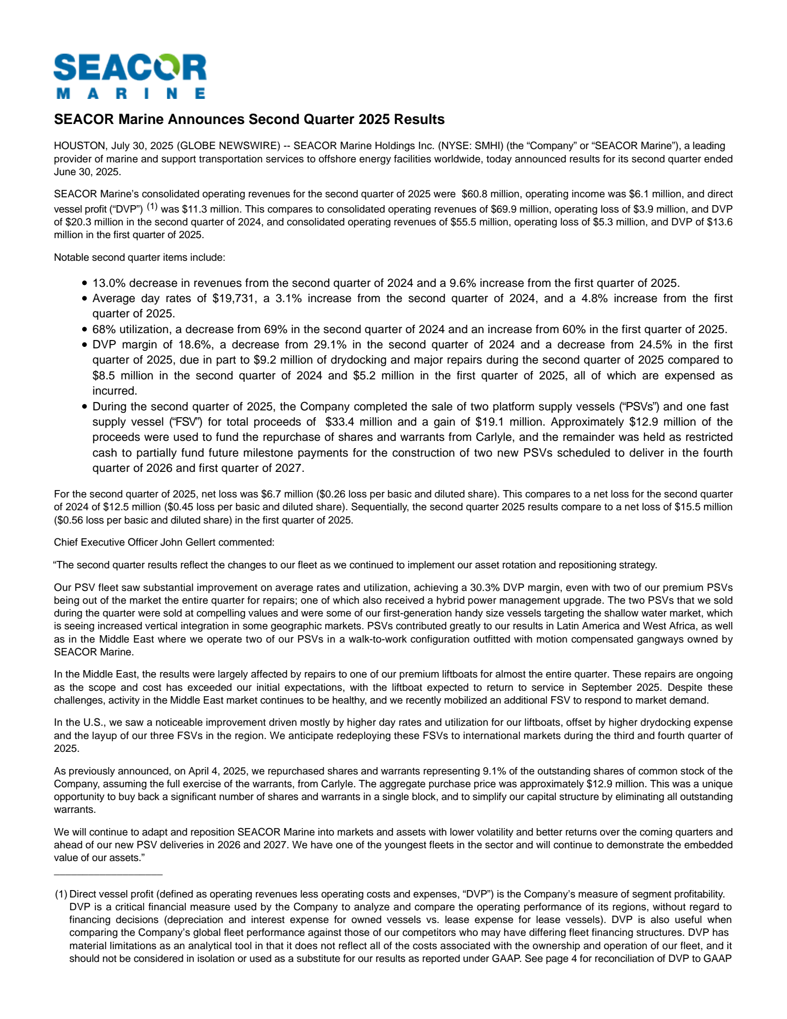 SEACOR Marine's Q2 2025 Press Release