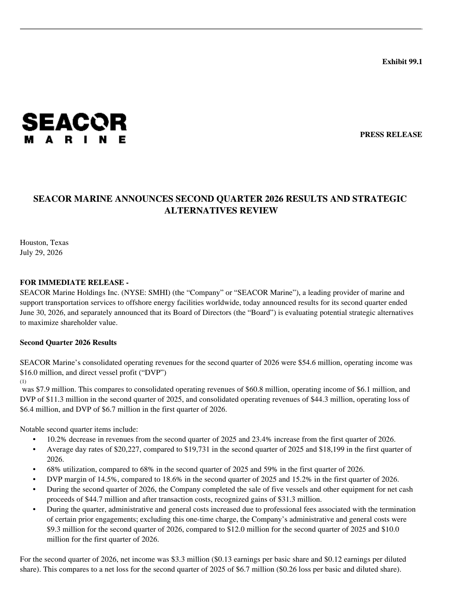 SEACOR Marine's Q2 2026 Press Release