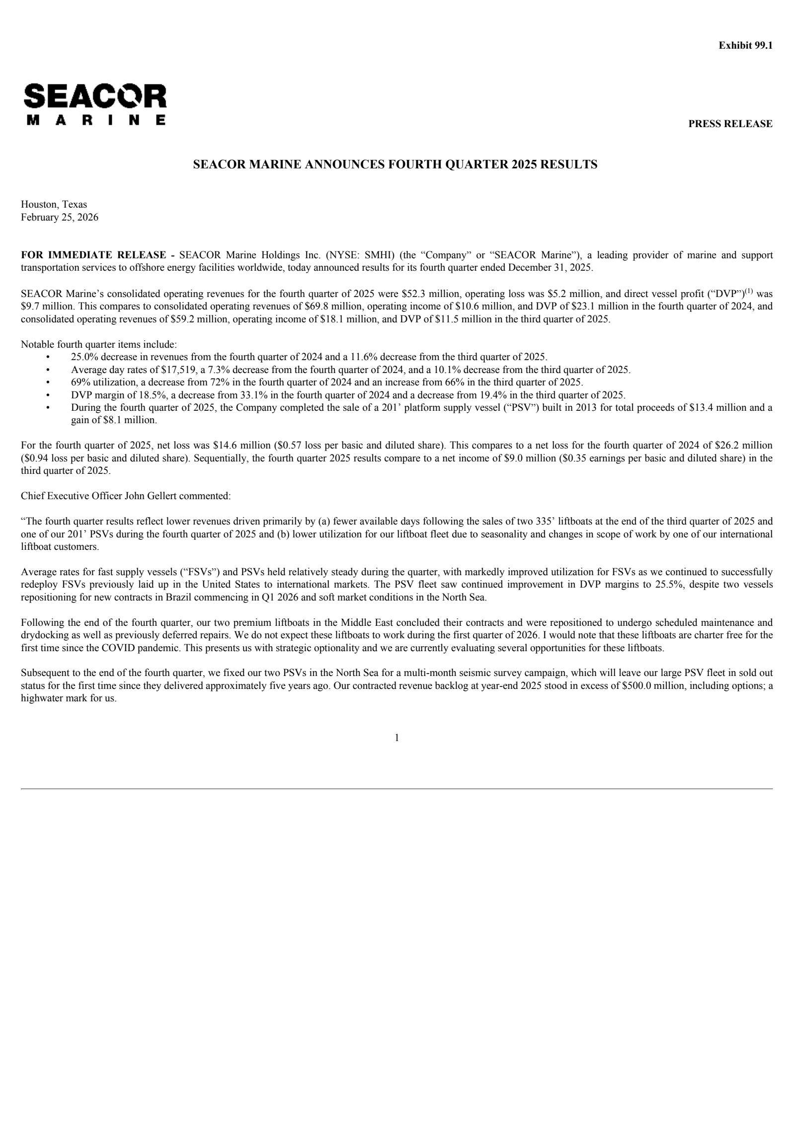 SEACOR Marine's Q4 2025 Press Release