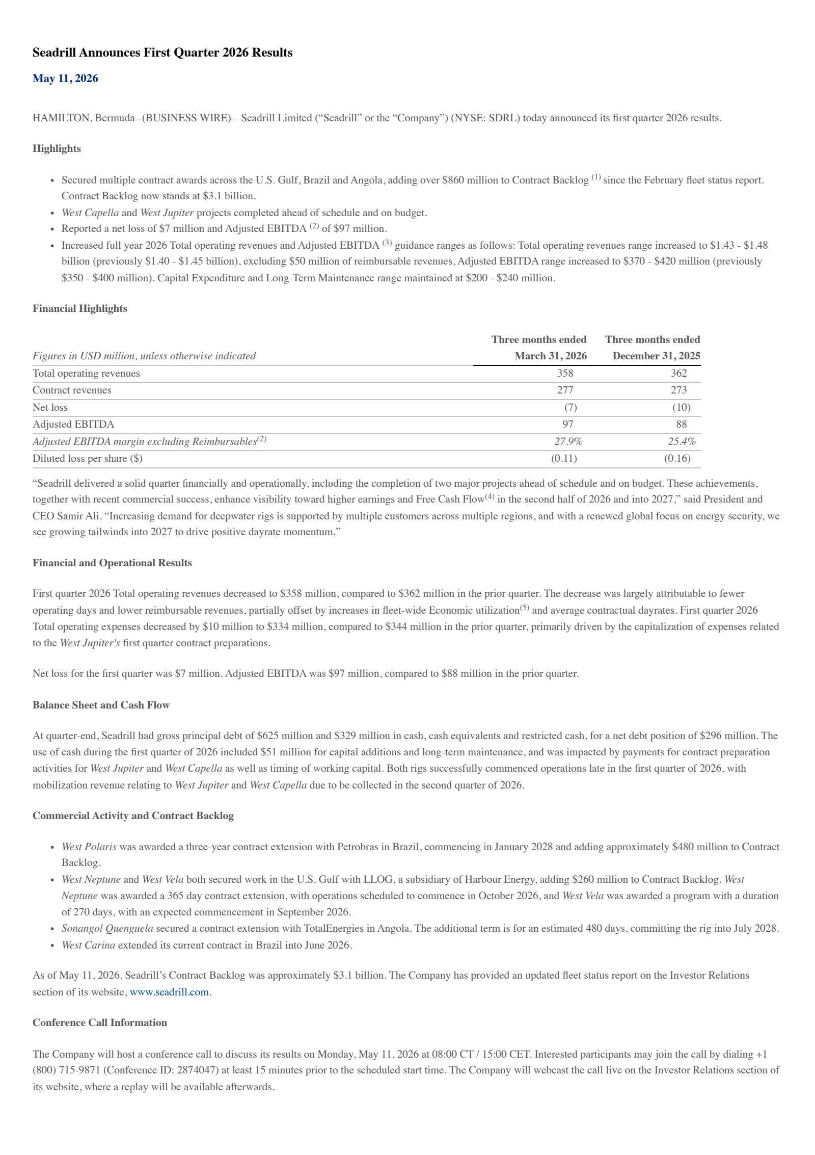 Seadrill's Q1 2026 Press Release