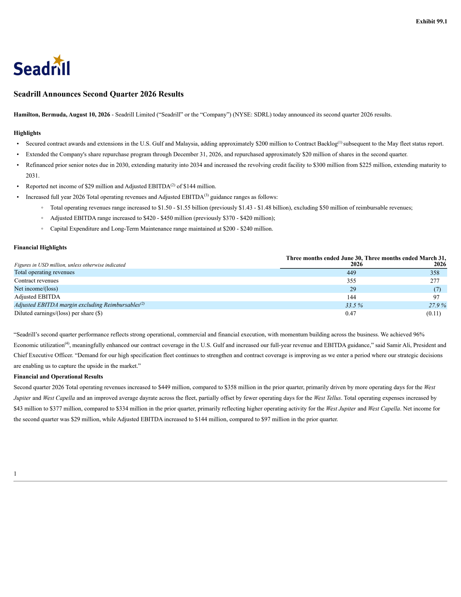 Seadrill's Q2 2026 Press Release