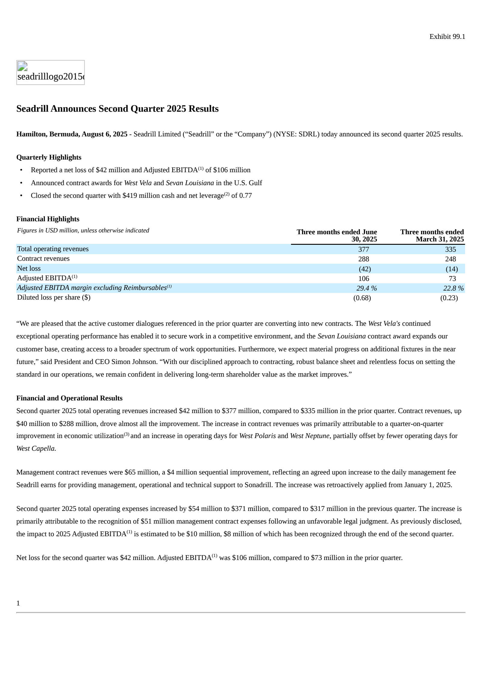 Seadrill's Q2 2025 Press Release