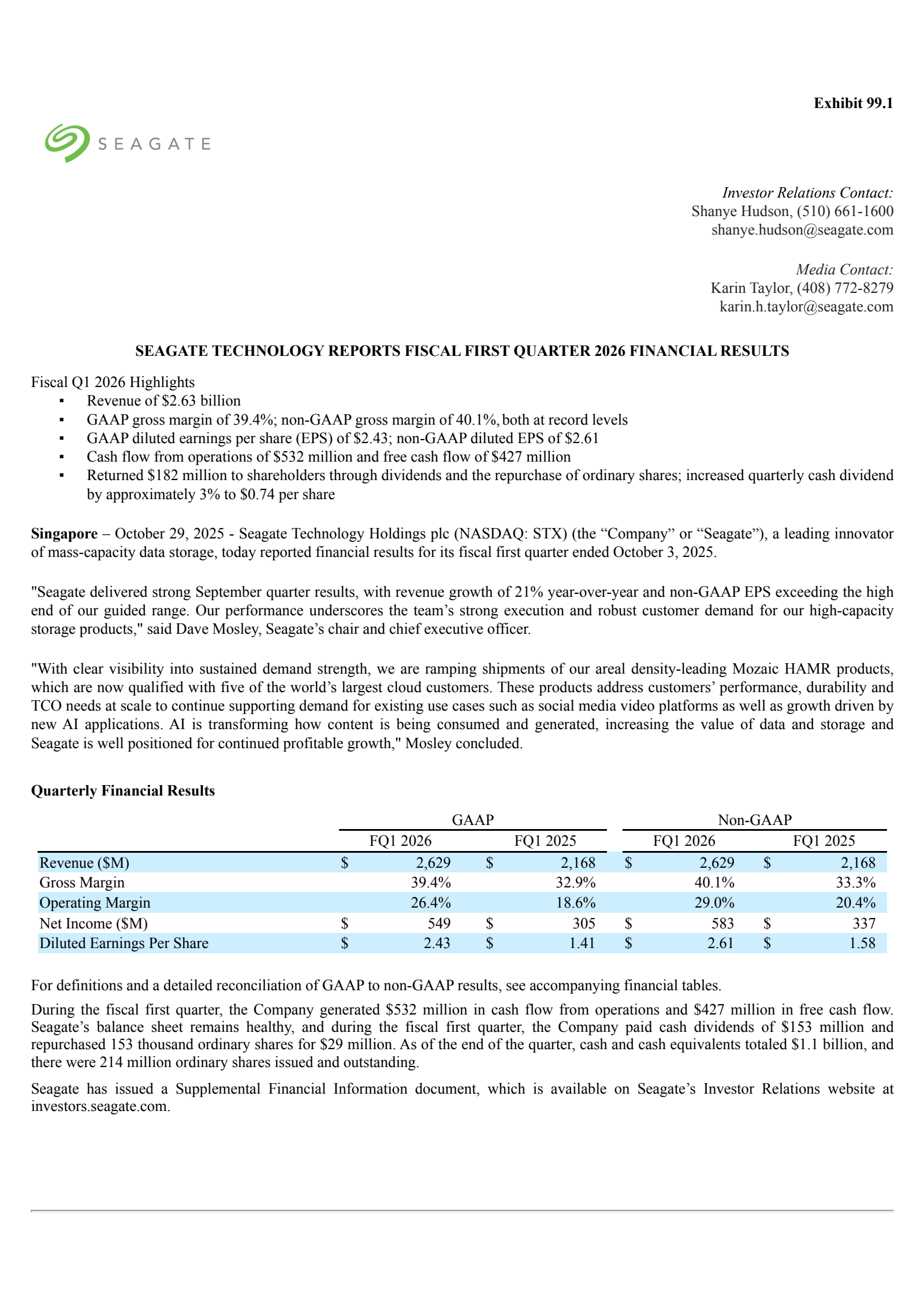 Seagate Technology's Q1 2026 Earnings Release