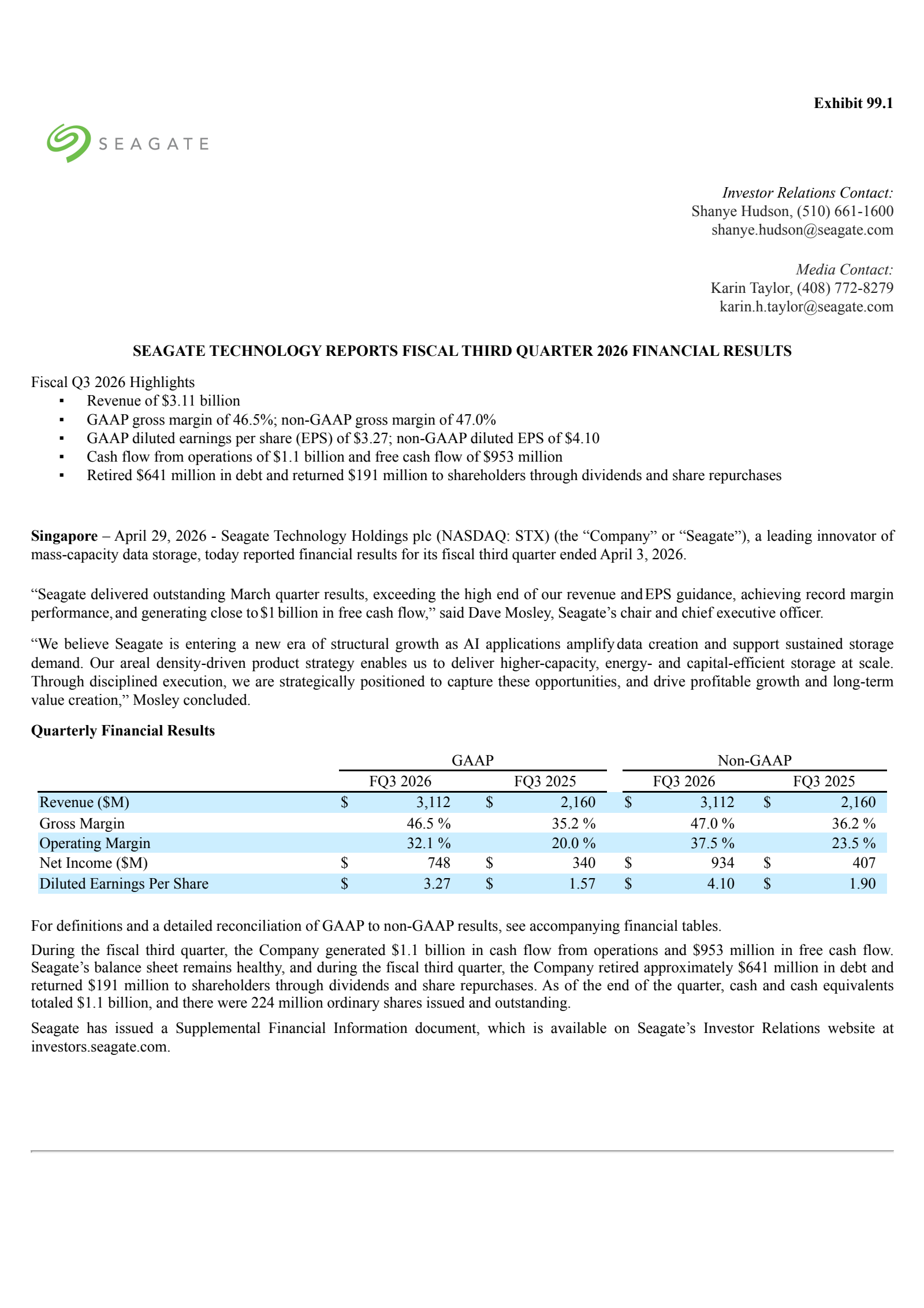 Seagate Technology's Q3 2026 Press Release