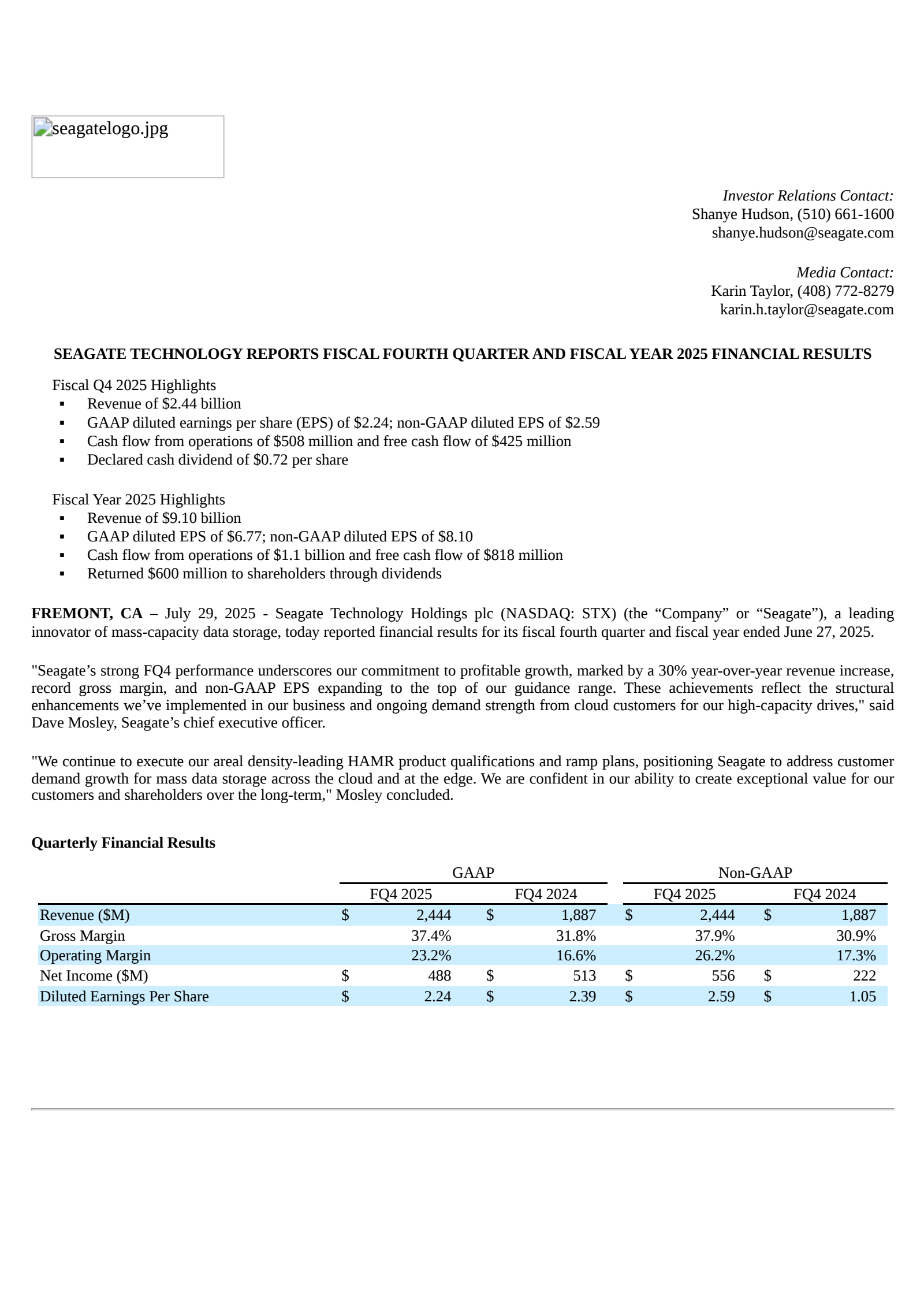 Seagate Technology's Q4 2025 Press Release