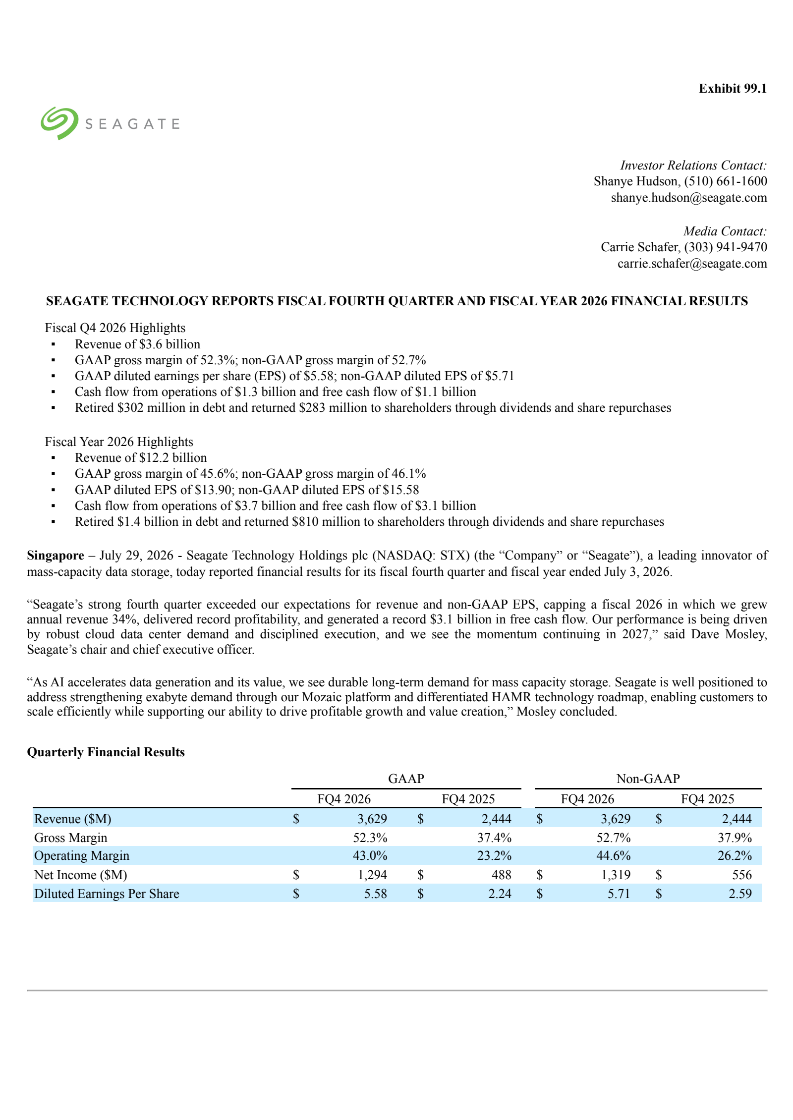 Seagate Technology's Q4 2026 Press Release