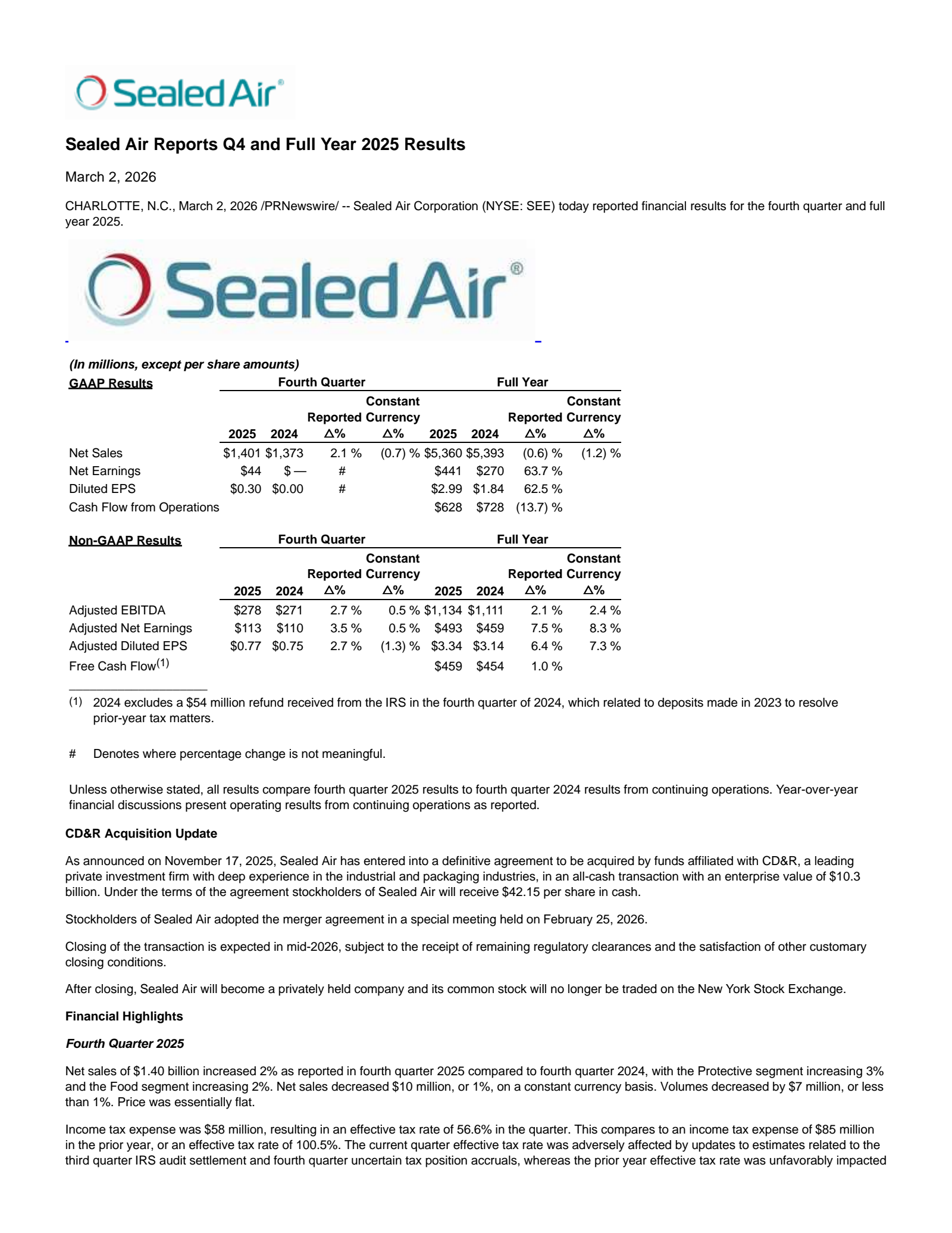 Sealed Air's Q4 2025 Press Release