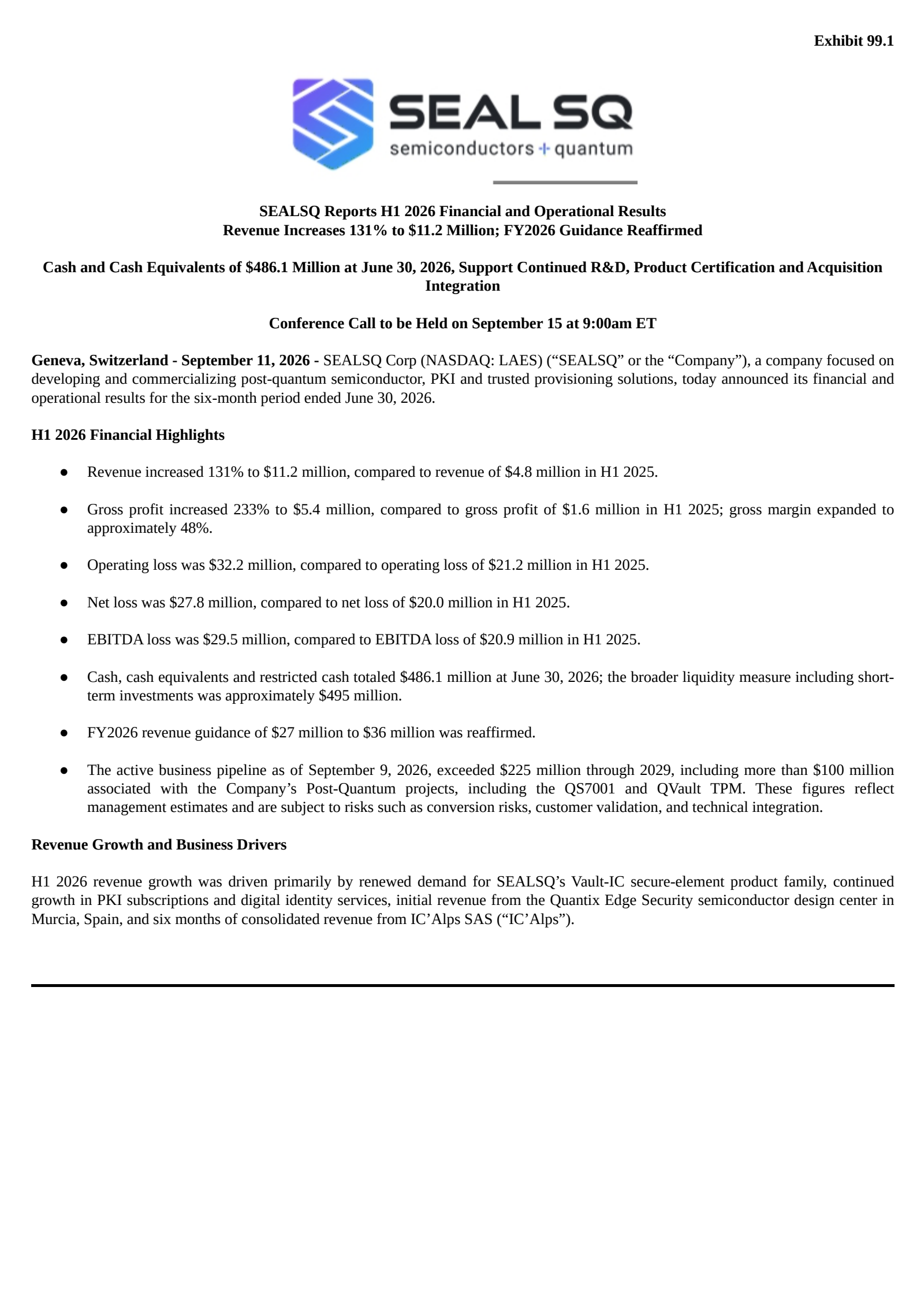 SEALSQ's H1 2026 Press Release