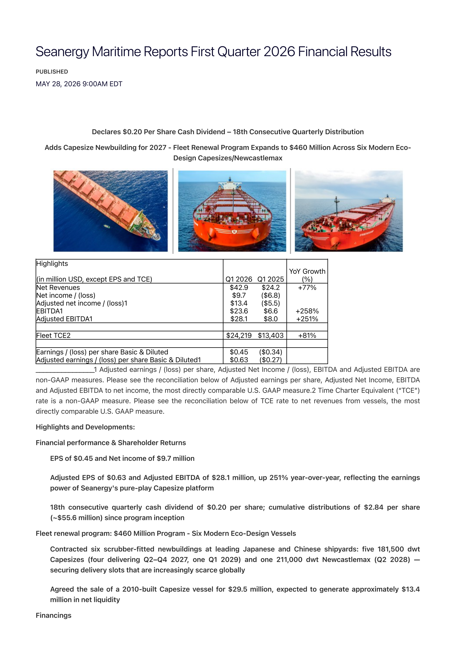 Seanergy Maritime's Q1 2026 Press Release