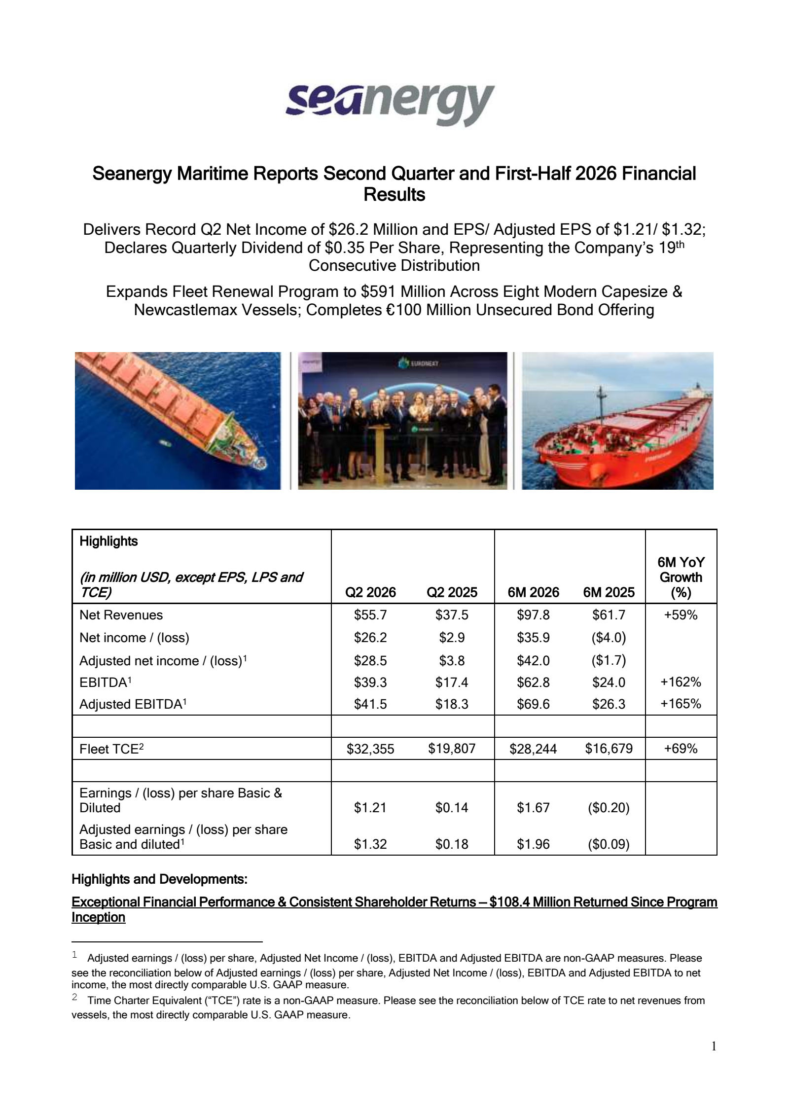 Seanergy Maritime's Q2 2026 Press Release