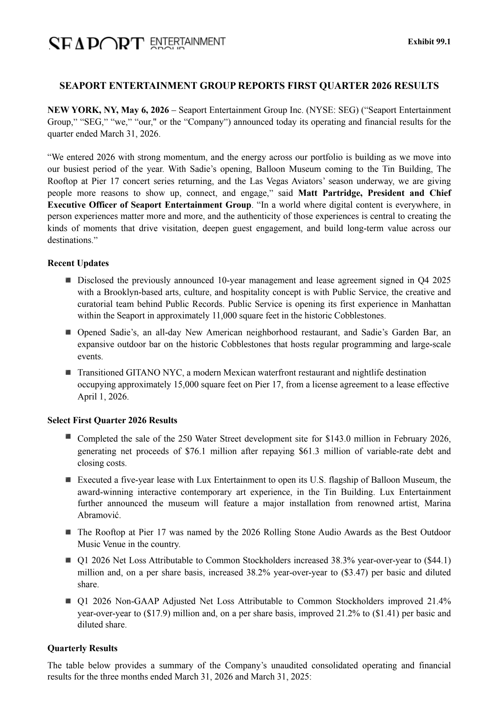 Seaport Entertainment Gr's Q1 2026 Press Release