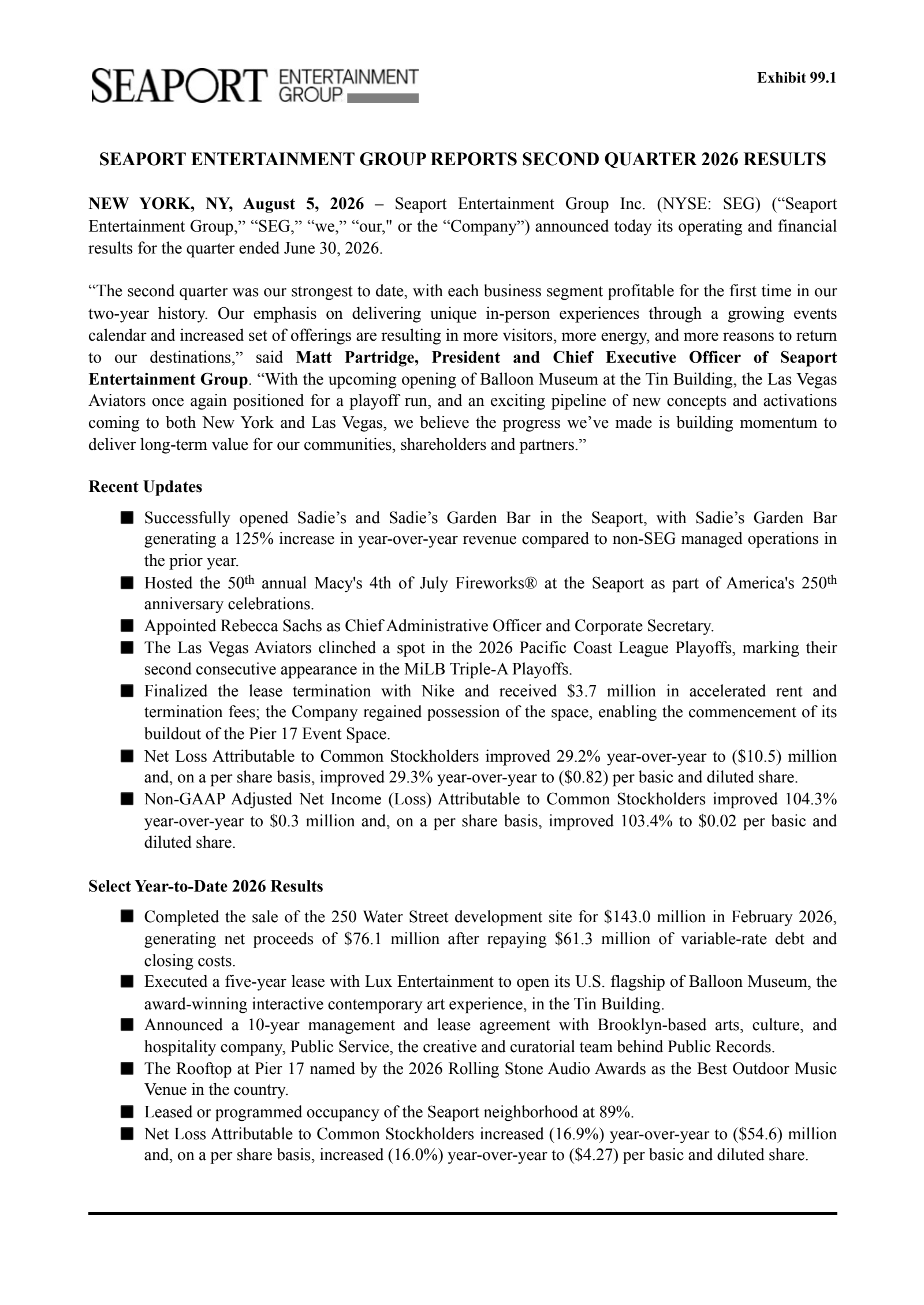 Seaport Entertainment Gr's Q2 2026 Press Release