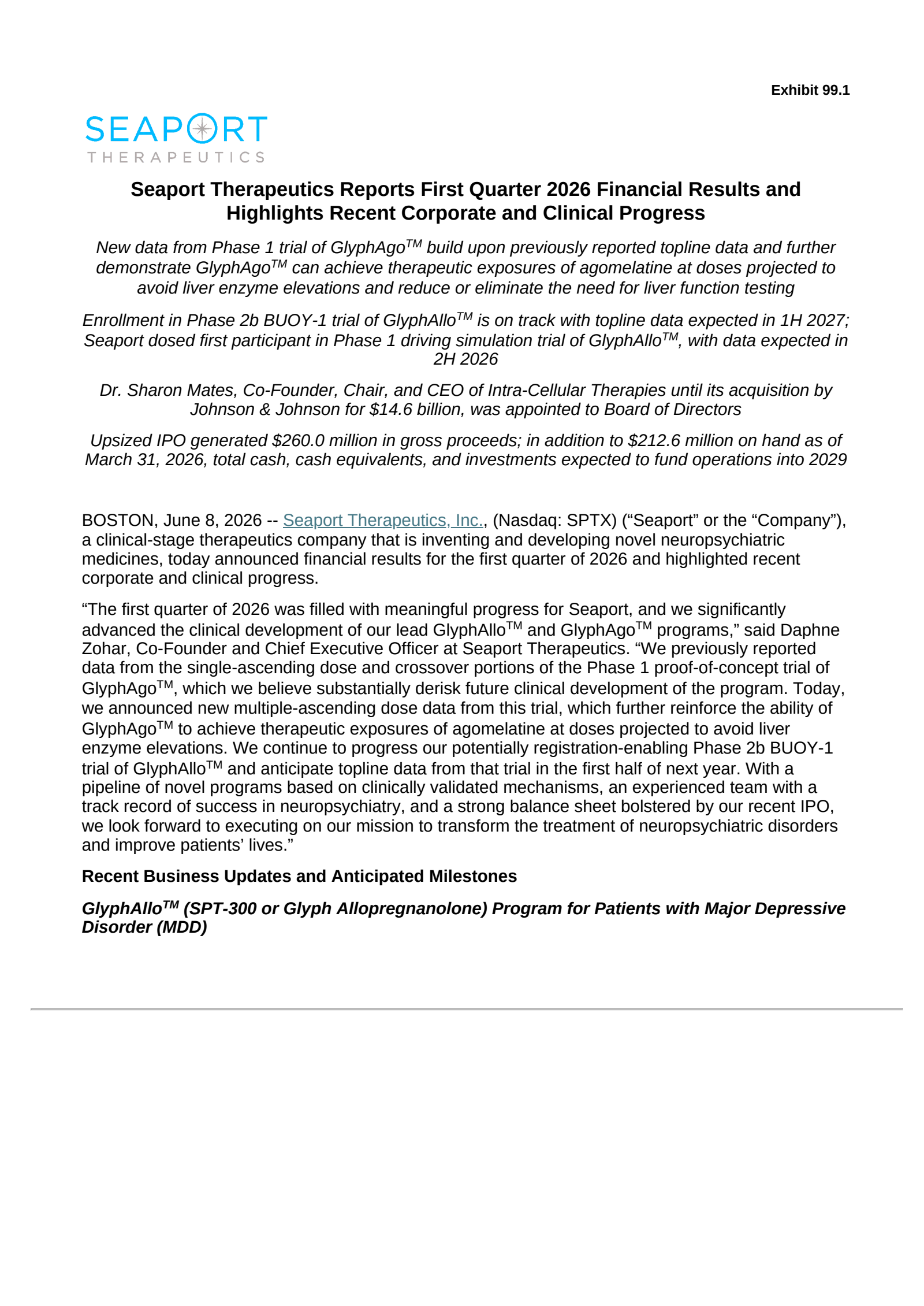 Seaport Therapeutics' Q1 2026 Press Release