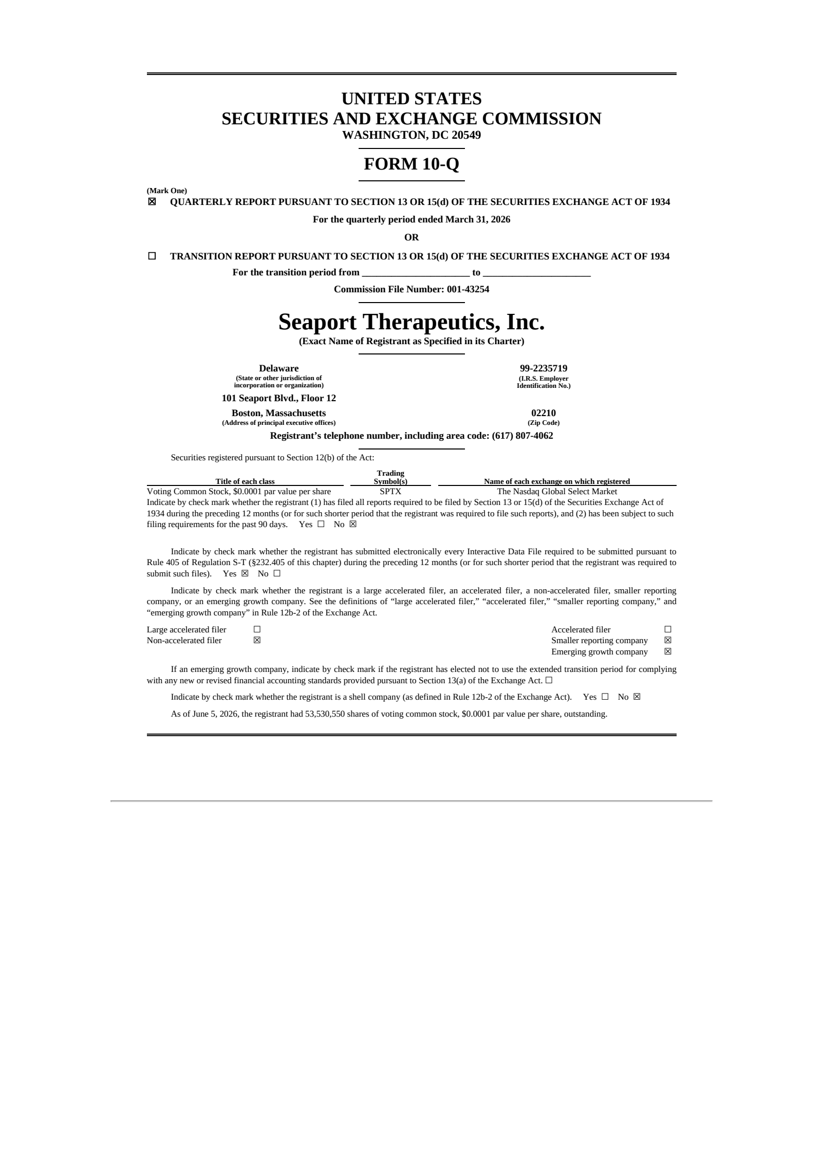 Seaport Therapeutics' Q1 2026 Quarterly report