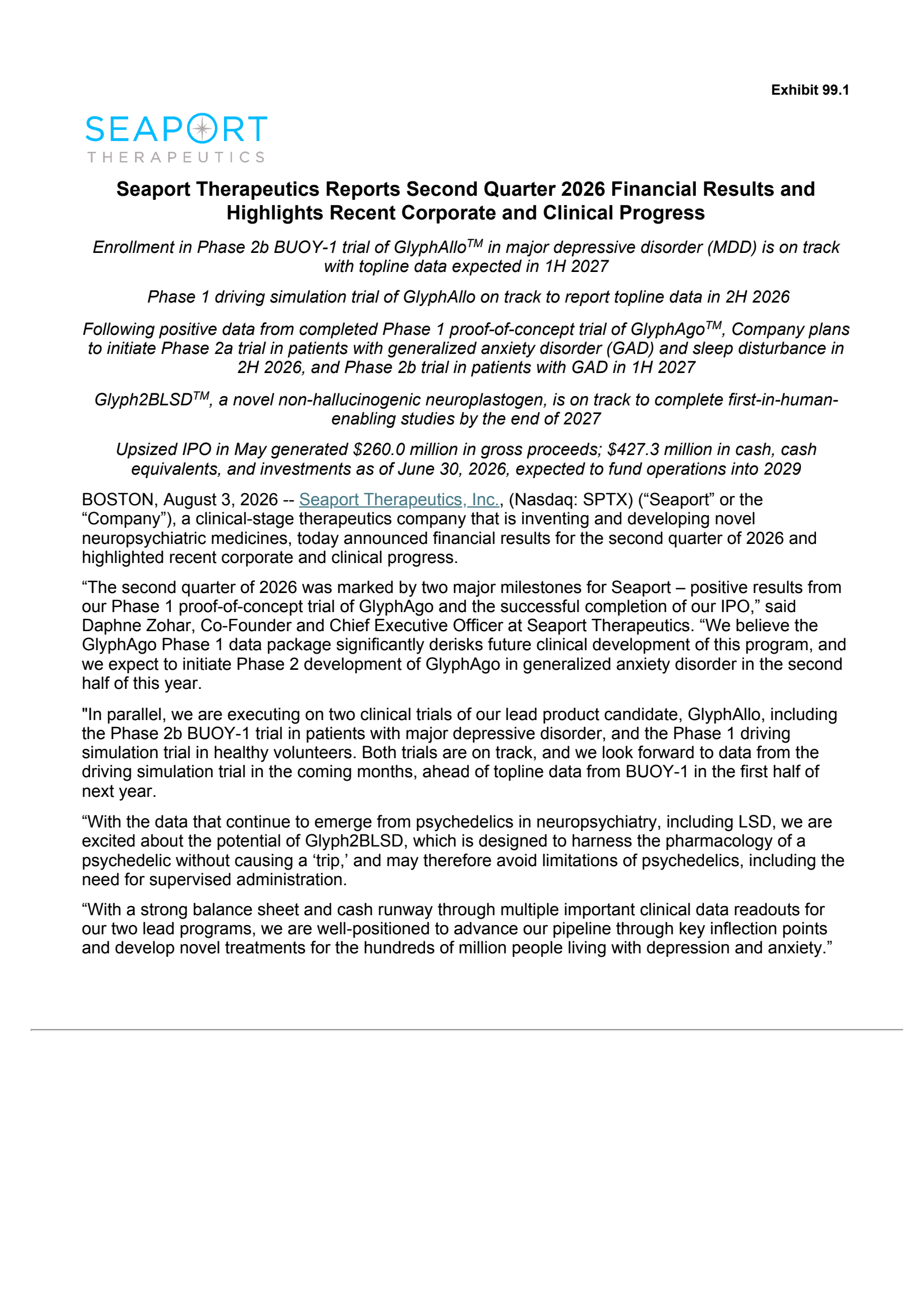 Seaport Therapeutics' Q2 2026 Press Release