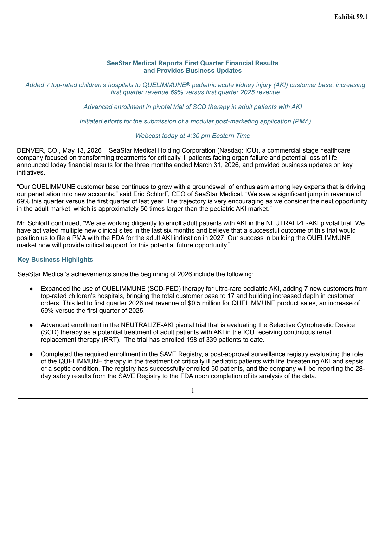 SeaStar Medical's Q1 2026 Press Release