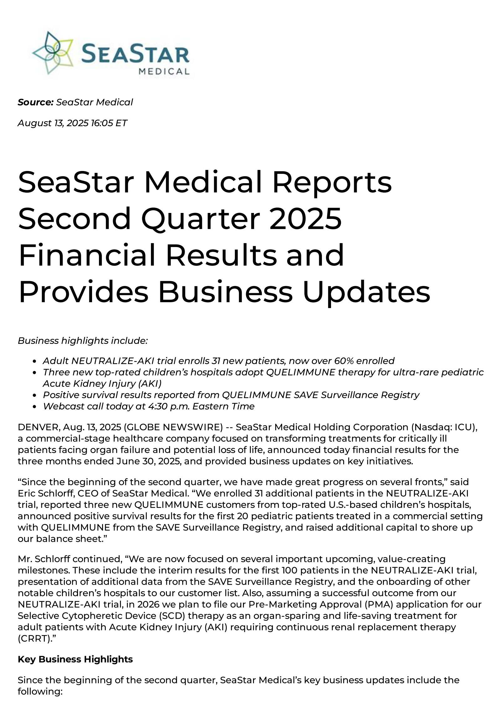 SeaStar Medical's Q2 2025 Press Release