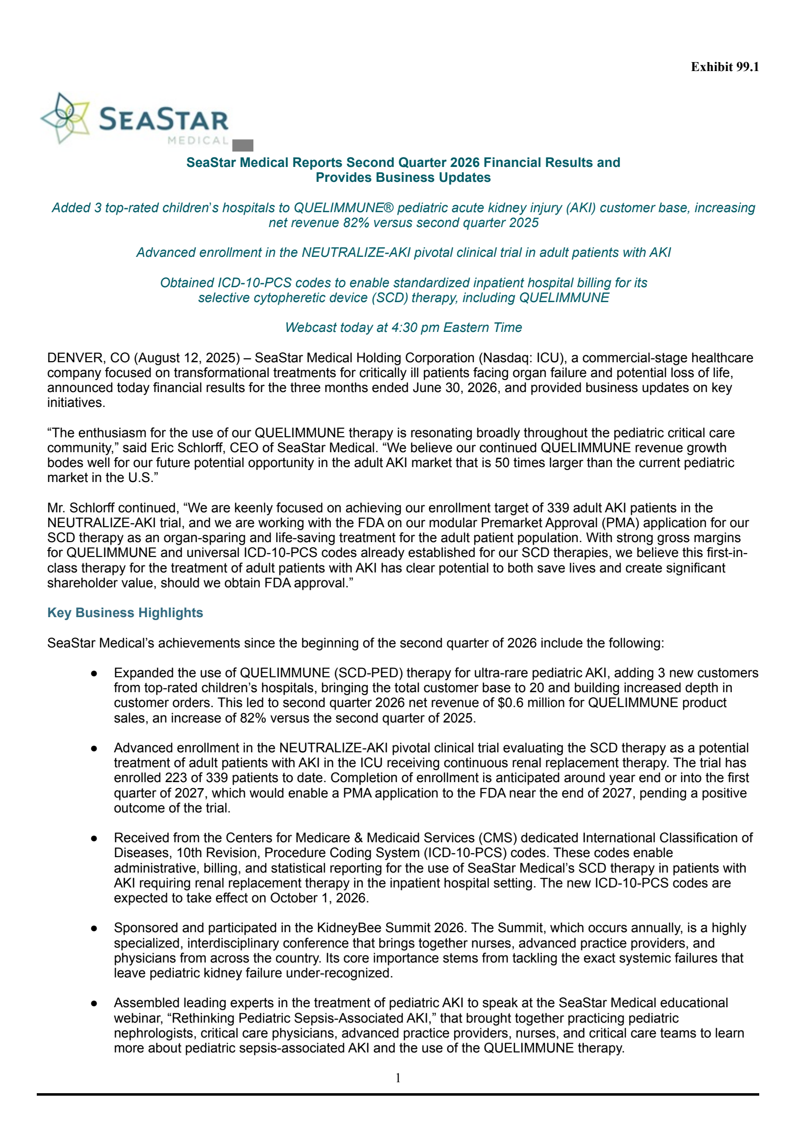 SeaStar Medical's Q2 2026 Press Release