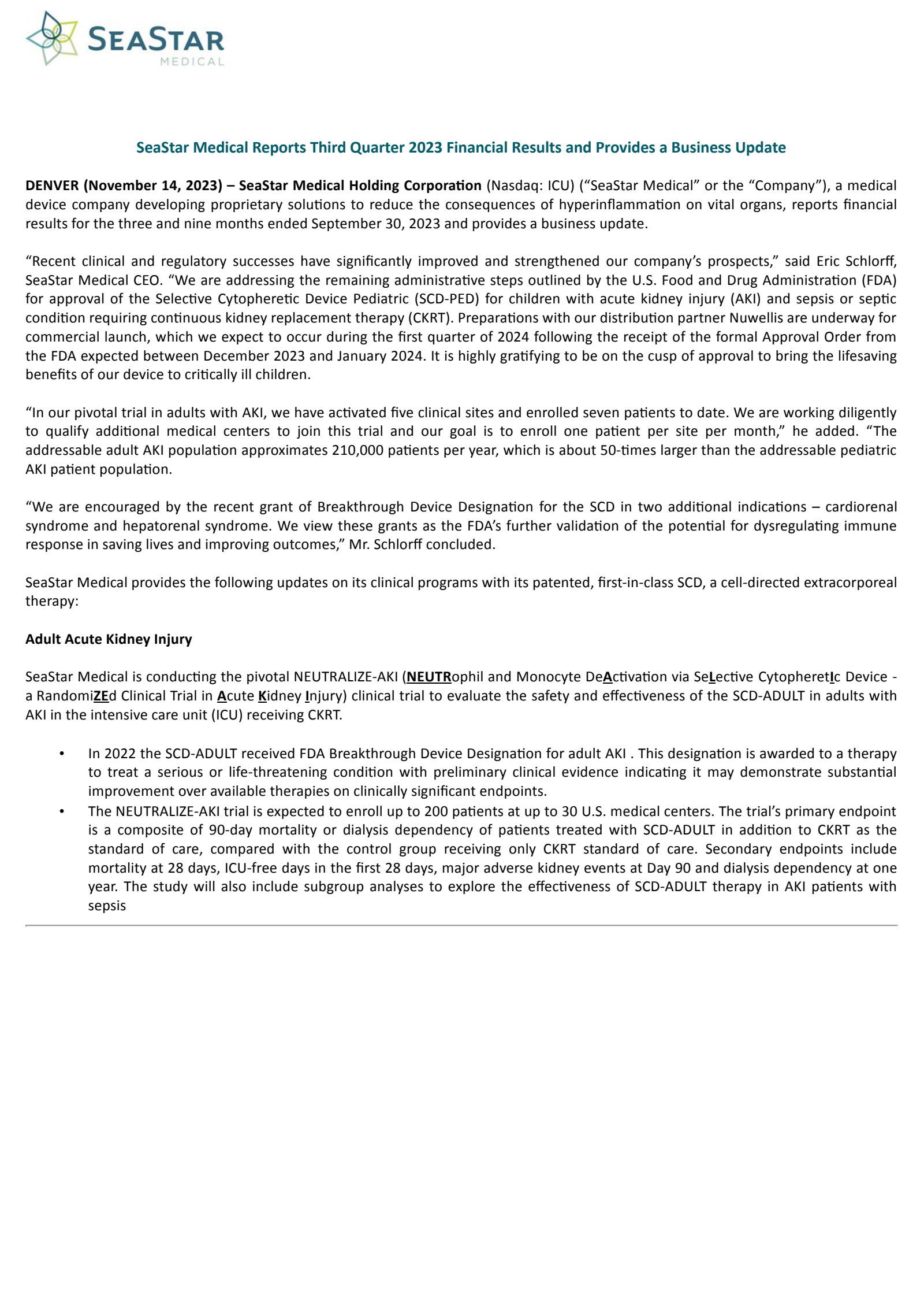 SeaStar Medical's Q3 2023 Earnings Release