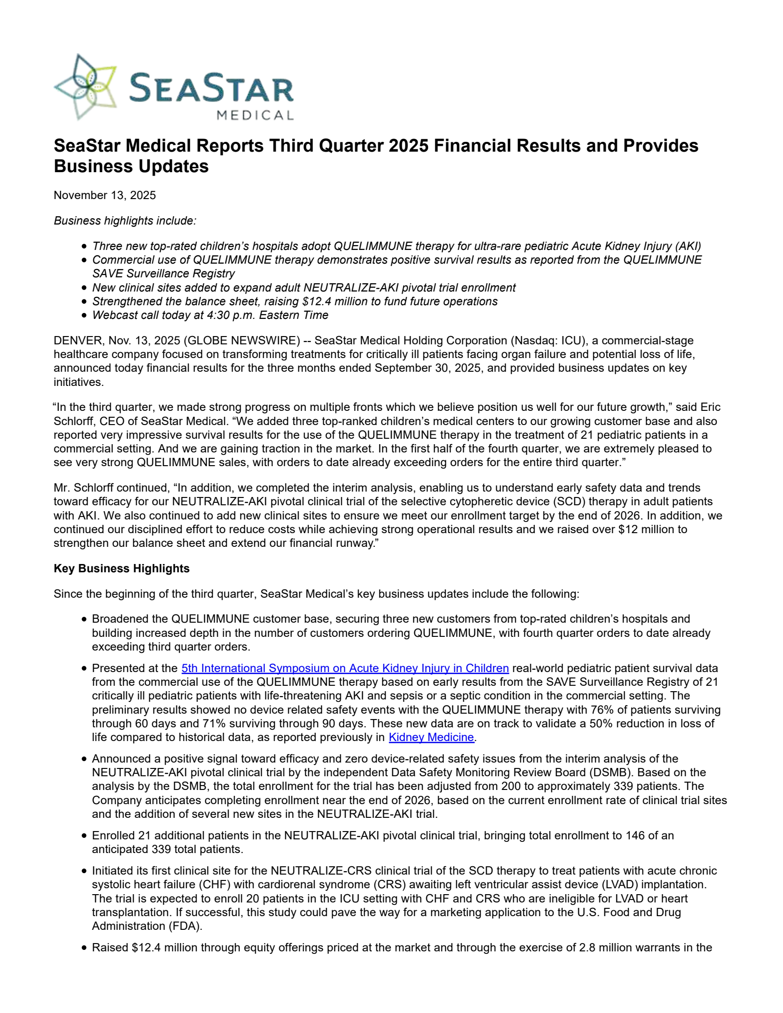 SeaStar Medical's Q3 2025 Earnings Release